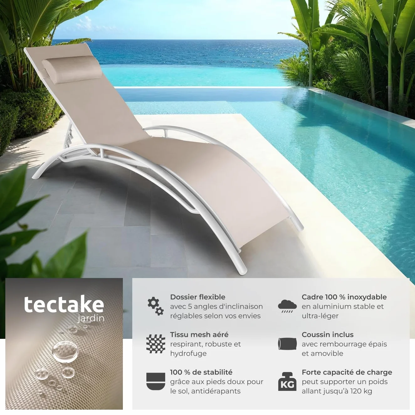 Tectake Set de 2 Chaise Longue Bain de Soleil Jardin avec Appuie-tête Inclinable Beige