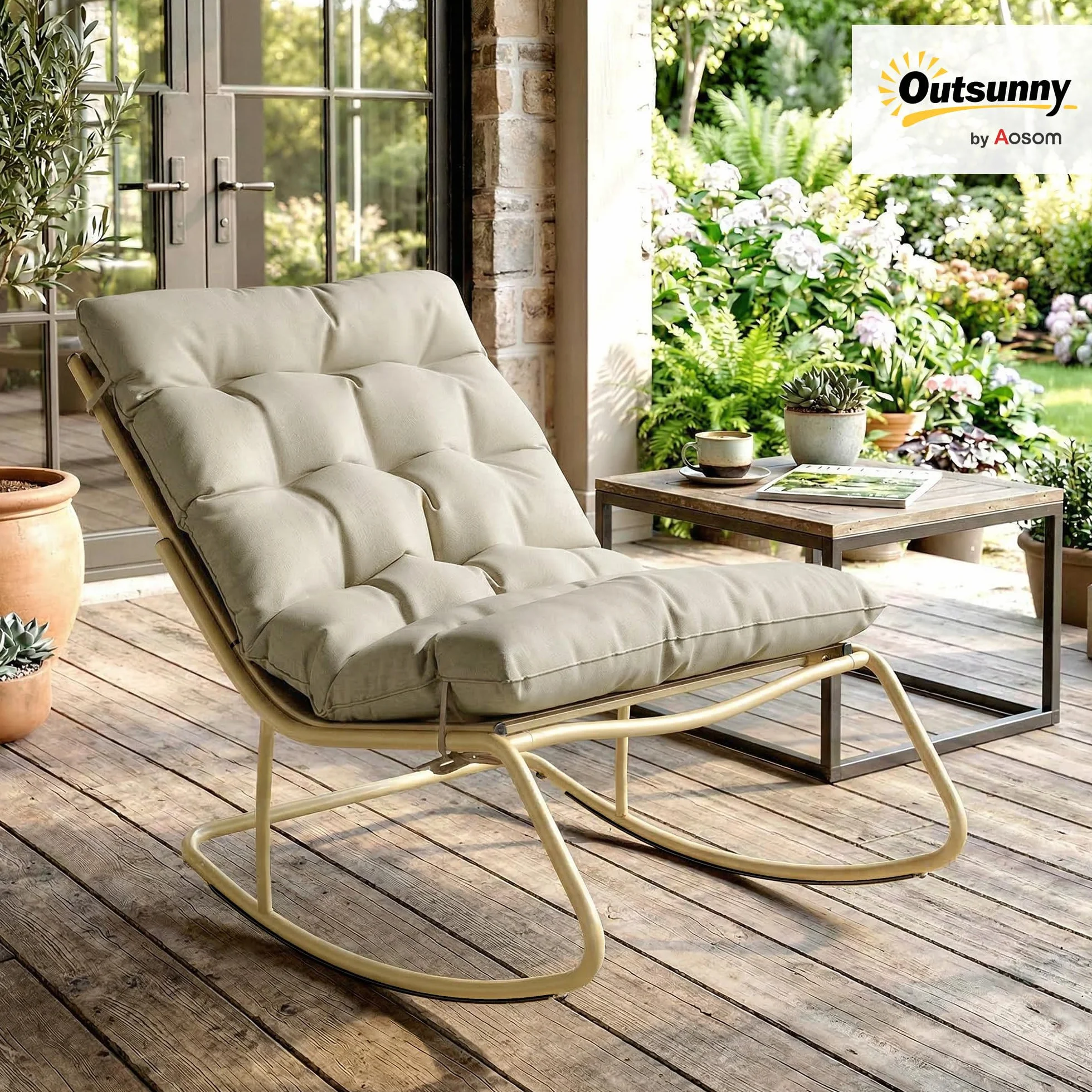 Outsunny Fauteuil à Bascule Extérieur avec Coussin Moelleux 125cm - Rocking Chair Large 64cm en Acier et Textilène - Chaise Bercante de Salon et Balcon, Beige et Doré