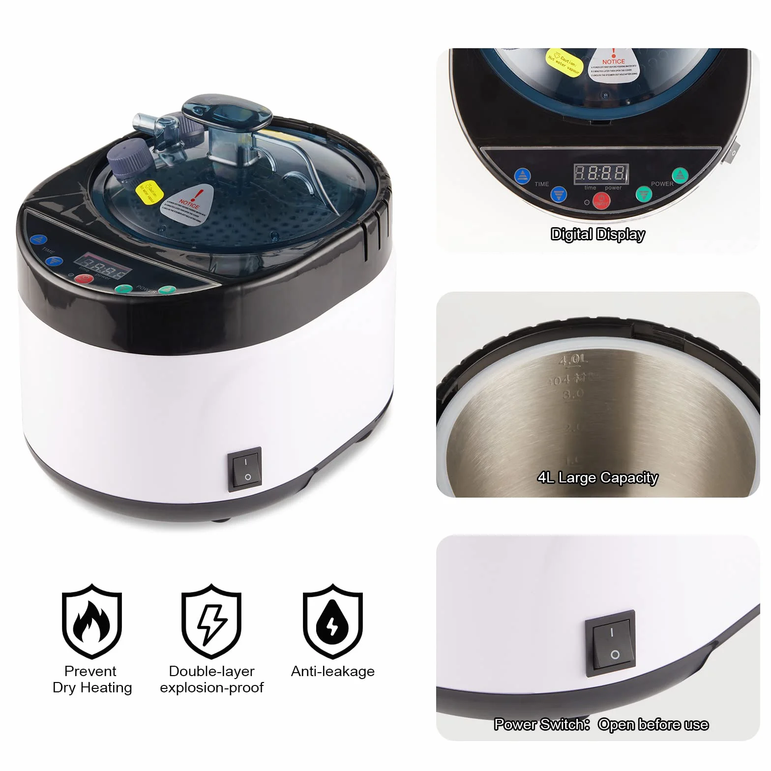 Cuiseur vapeur 4 L générateur vapeur portable acier inoxydable minuterie affichage