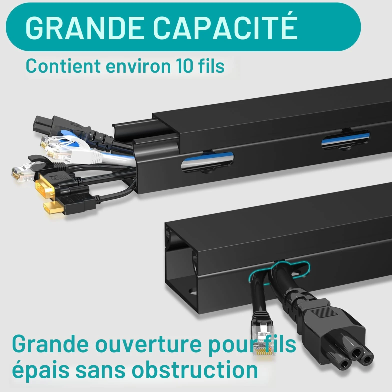 Kit de Goulotte Passe Cable Magnétique 4PCS 3.5x3x40cm Noir pour Bureau de Jeu et Télévision