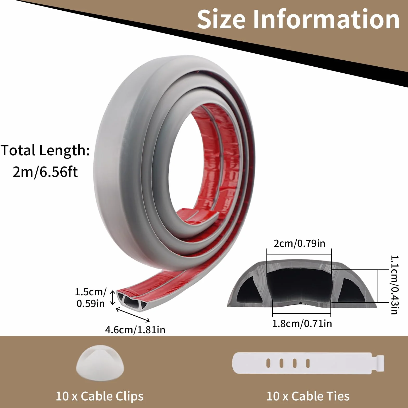 Cache Câble Sol PVC Flexible 20x10 mm Gris avec Bandes de Rangement et Clips