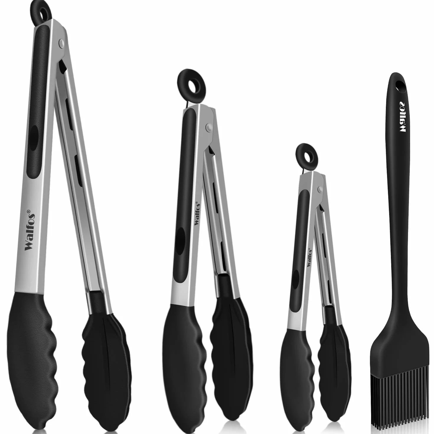 Walfos Set de 4 pinces de cuisine résistantes à la chaleur - Poignée en acier inoxydable et embouts en silicone antiadhésif, brosse en silicone de 21 cm - Pour la cuisine, le buffet,18, 23, 30,5 cm
