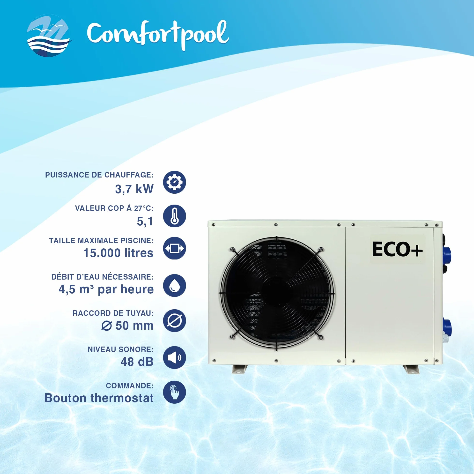 Pompe à Chaleur Piscine eco+3 - Puissance de Chauffage Jusqu’à 3,7 KW - Convient pour piscines Jusqu’à 15 000 litres.