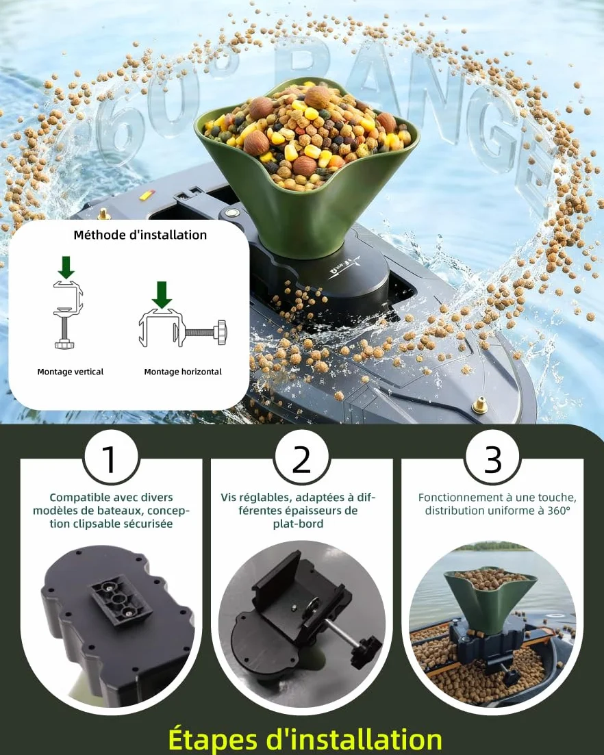 Éparpilleur d'Appâts Rotatif pour Bateau Amorceur, Diamètre 8m, Accessoire Pêche Carpe