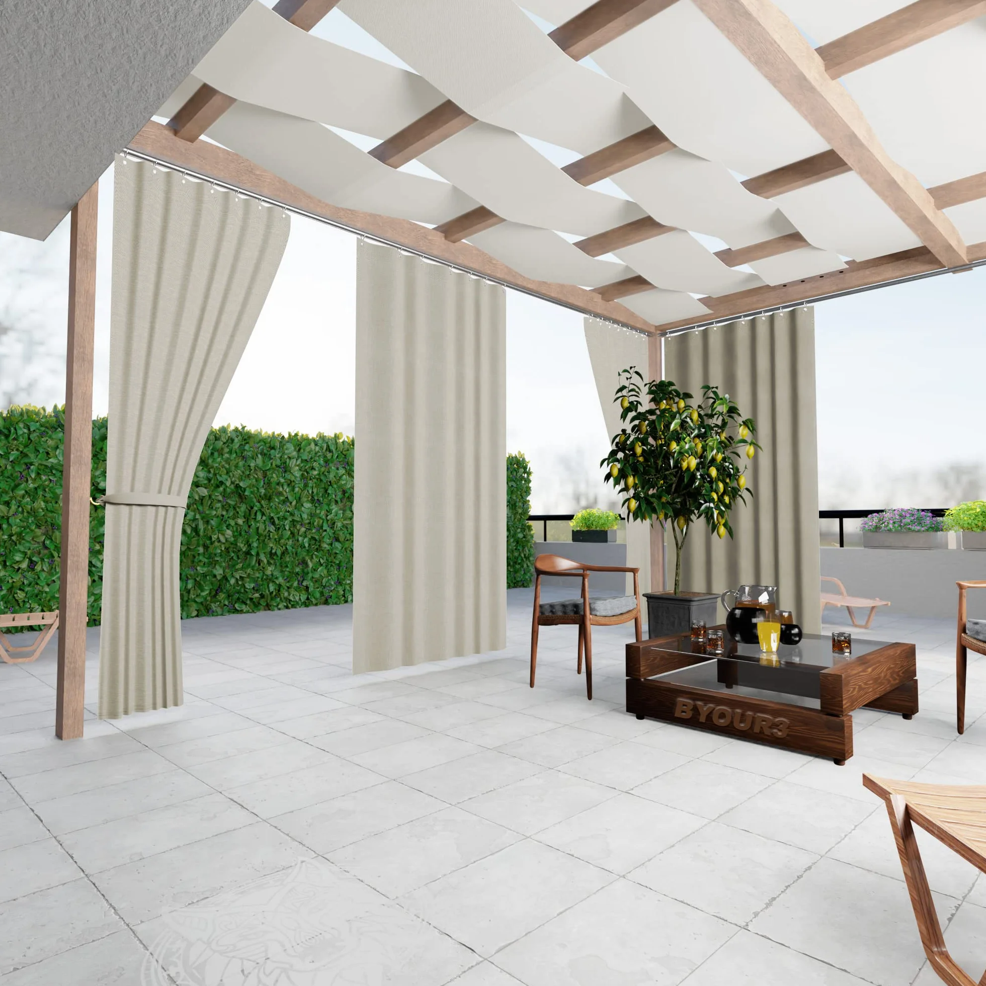 Byour3 - Rideaux D'Extérieur Imperméables avec Anneaux en Métal Anti-moisissure - Auvent Latéraux Gazebo Occultant pour Terrasse Balcon Pergola Toile Solaire Isolant Thermique (Naturel L.400x290H)