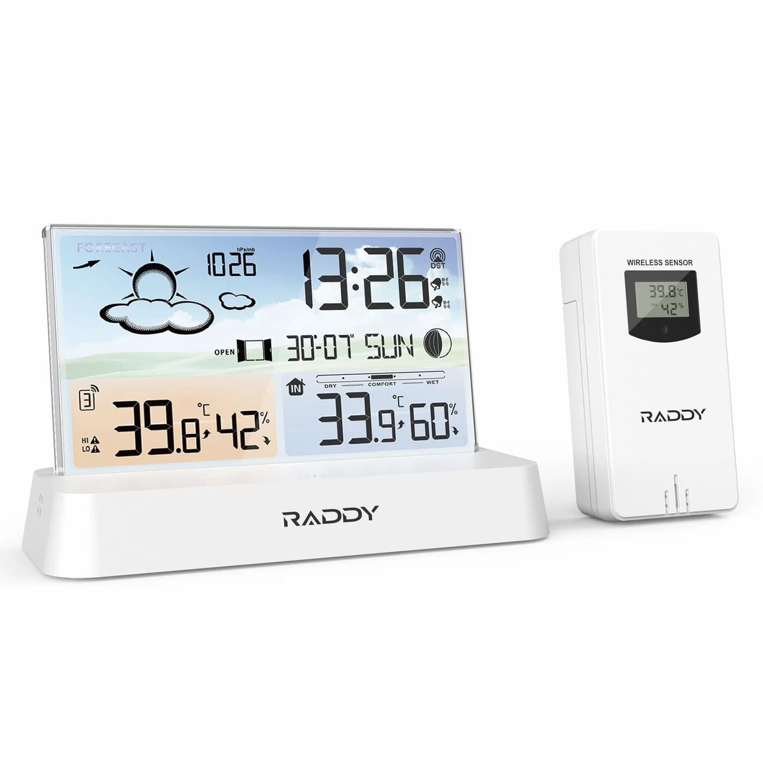 Raddy DT6 Station météo sans fil avec horloge radio-pilotée DCF, écran couleur numérique, thermomètre hygromètre, prévisions météo et baromètre