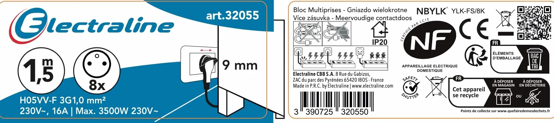 Electraline 32055 Bloc Multiprise 8 Prises avec Interrupteur Câble 1,5m