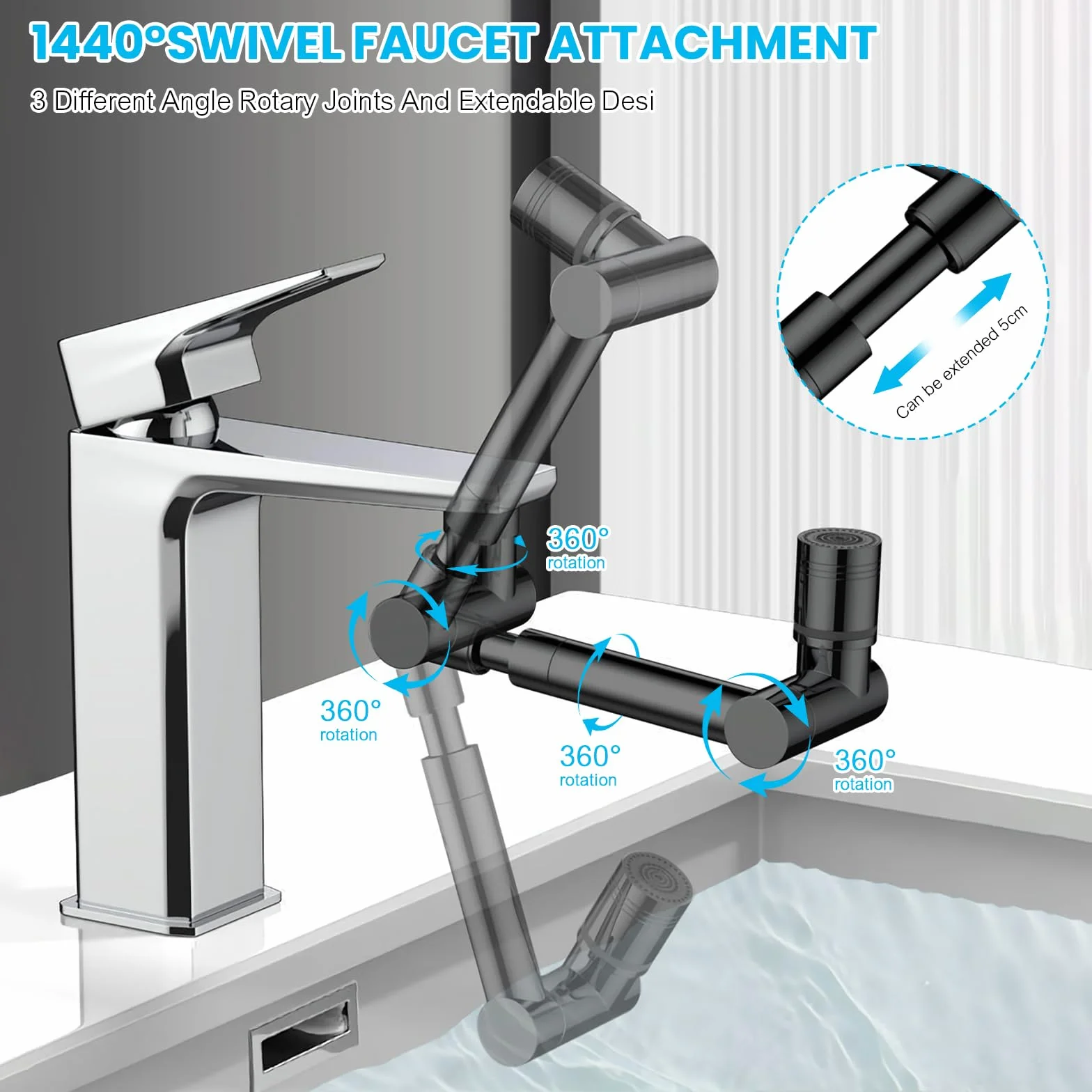 Extension de robinet pivotante 1440° universelle pour cuisine et salle de bain, noir