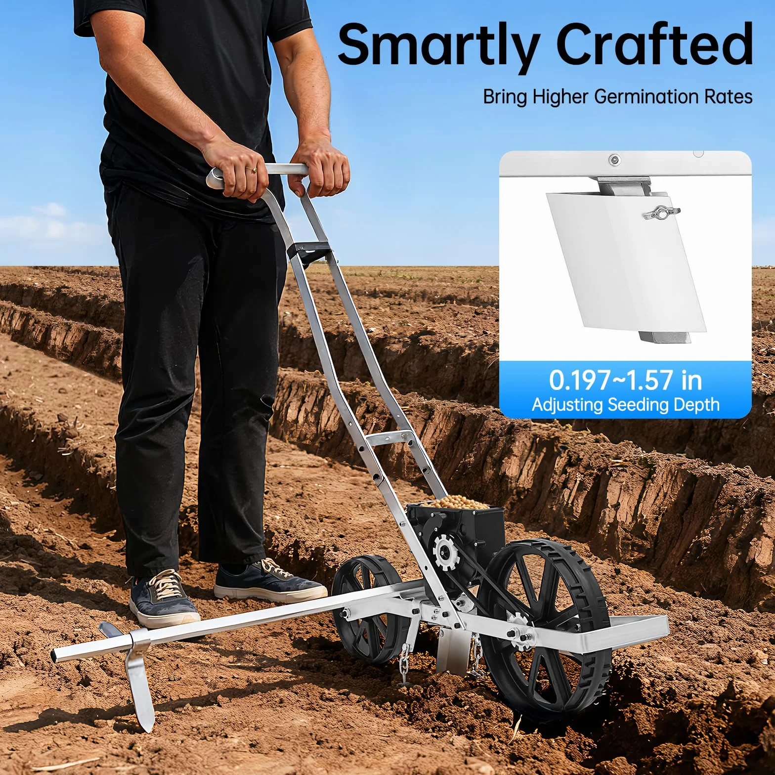MccoMMon Semoir à main en aluminium pour jardin - Tricot à une rangée - Pour maïs sucré, poireaux et autres graines fines (96 x 31,3 x 95 cm)