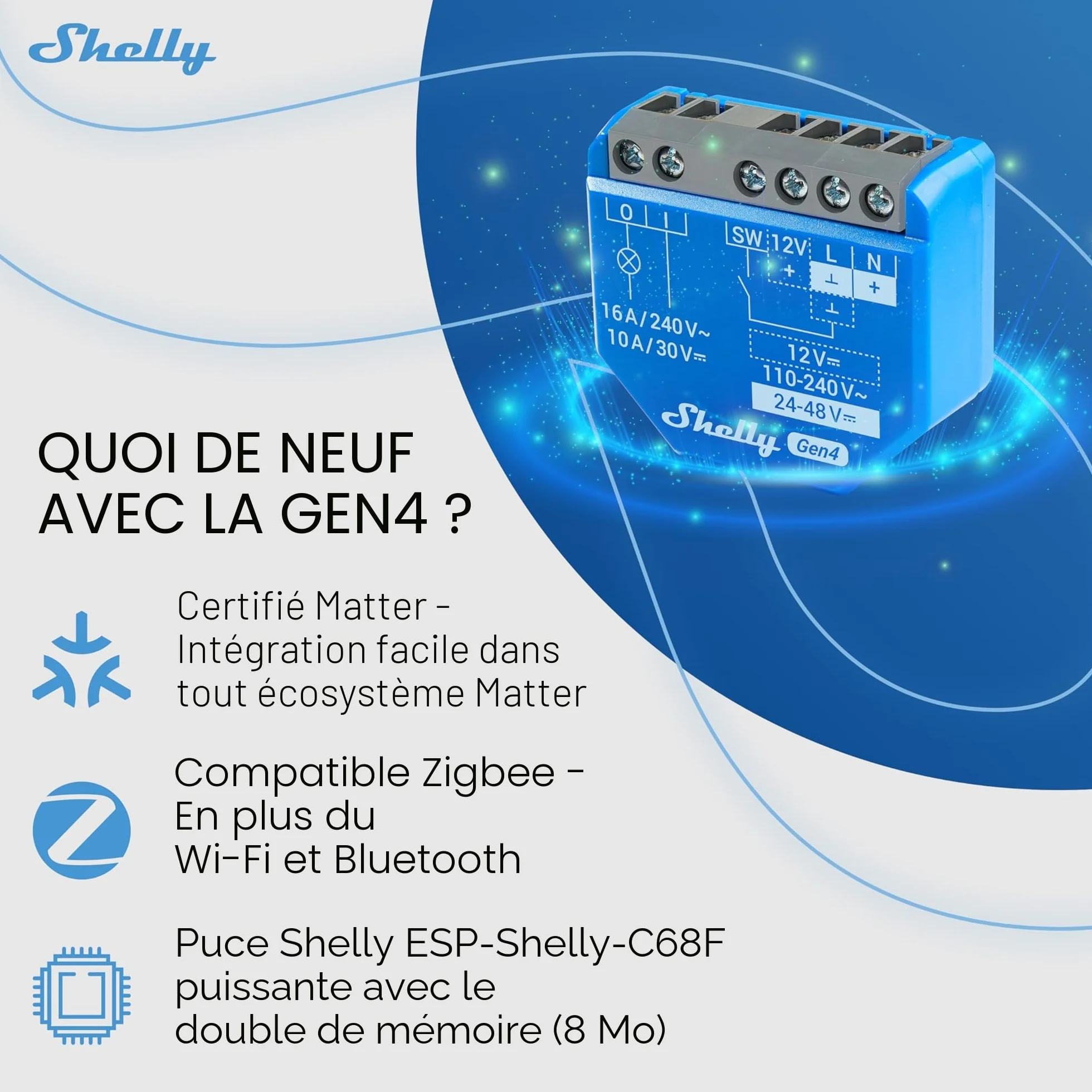 Shelly 1 Gen4 Module interrupteur Matter Zigbee Wi-Fi 1 Canal 16A Contacts secs