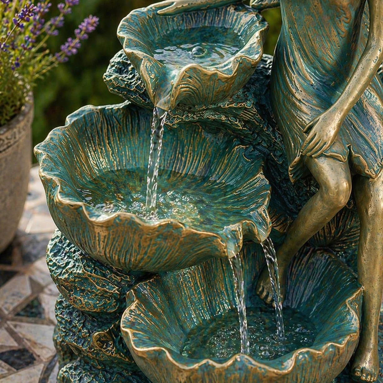 Festive Lights Fontaine LED solaire de 41 cm en forme de fée avec cascade, fontaine solaire pour jardin, intérieur et extérieur, fontaine solaire pour l’extérieur, fontaine de jardin en bronze
