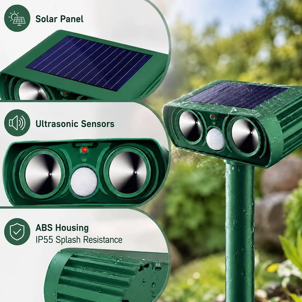Repulsif Chat Exterieur Solaire à Ultrason, Repulsif Chat Ultrason pour Jardin, Appareil Étanche Contre Taupes, Oiseaux, Souris et Rats avec LED Clignotante (Standard)