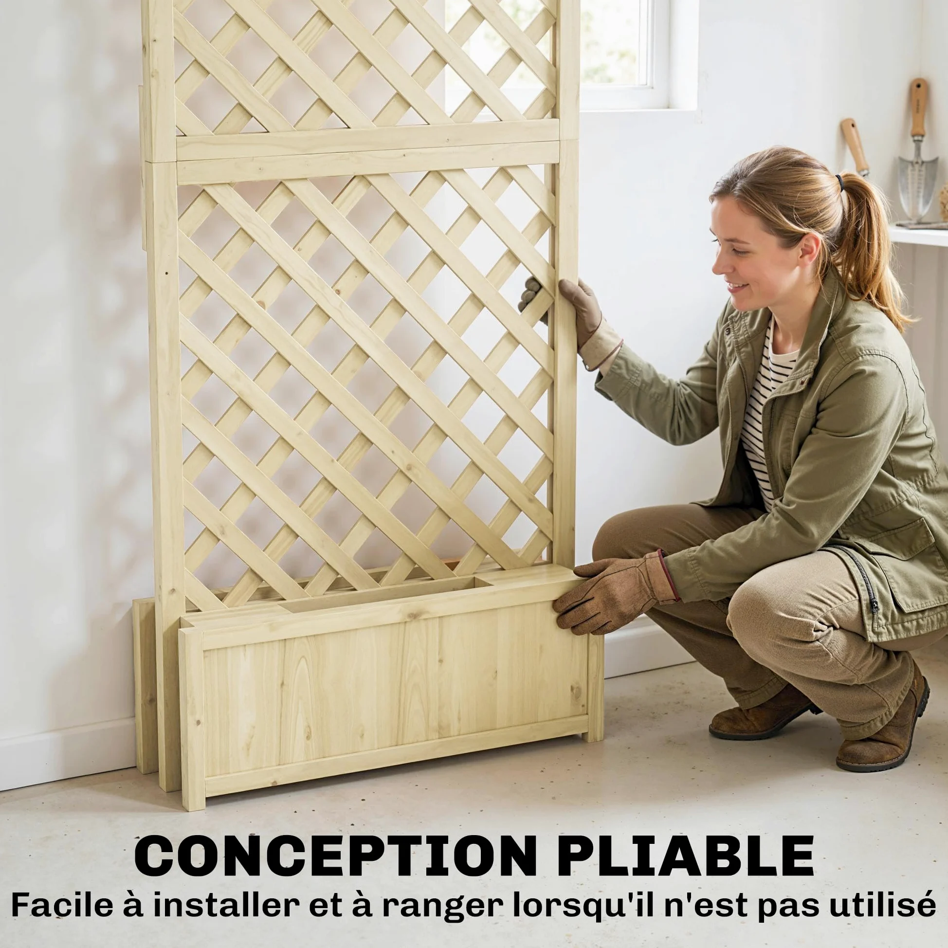 Outsunny Jardinière avec Treillis en Bois Massif - Carré Potager Pliable avec Double Bac à Fleurs - Lit de Jardin 170cm de Haut pour Plantes Grimpantes sur Balcon, Terrasse Brise-Vue, Naturel