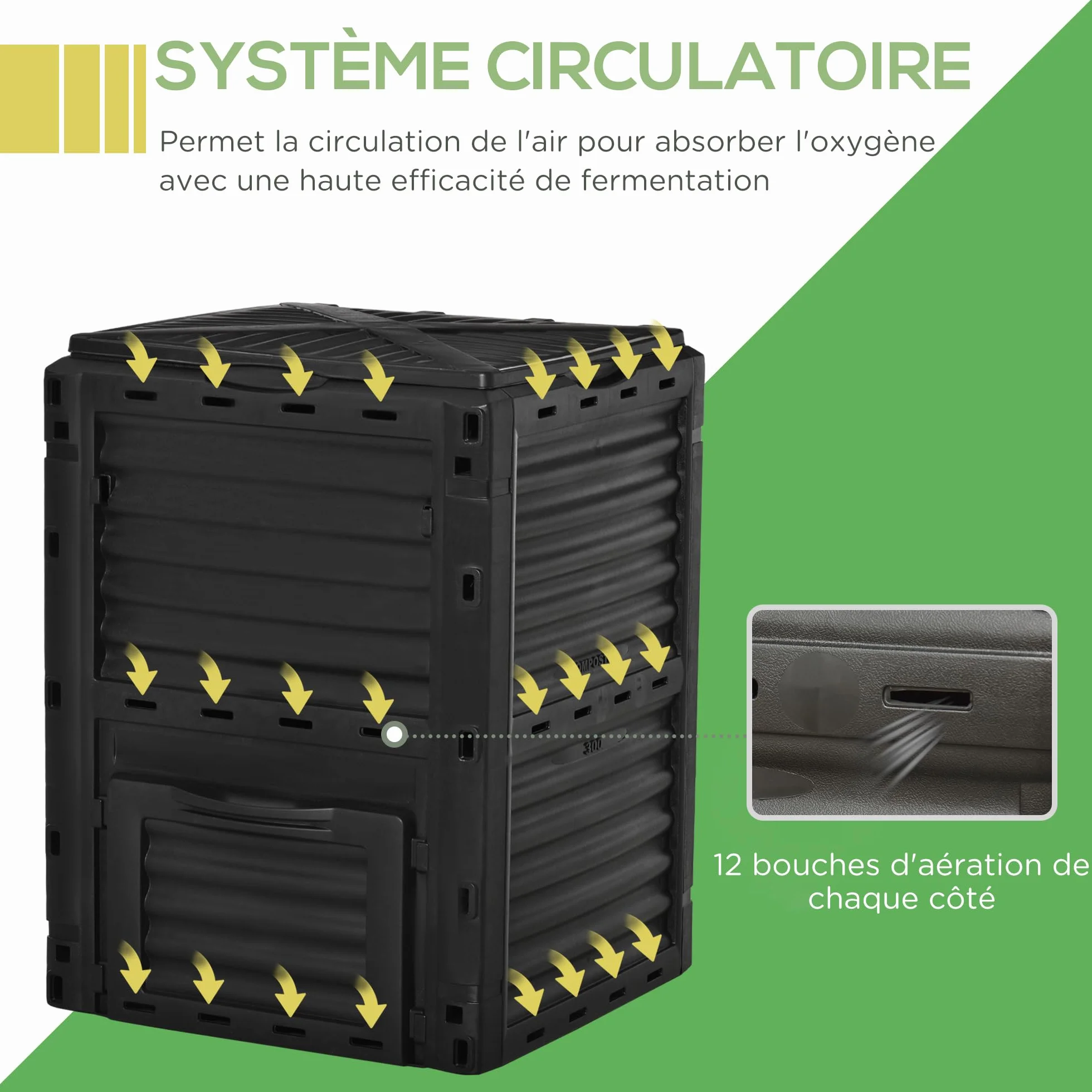 Outsunny Composteur de Jardin 300L, bac composteur polypropylène, 48 aérations, Noir