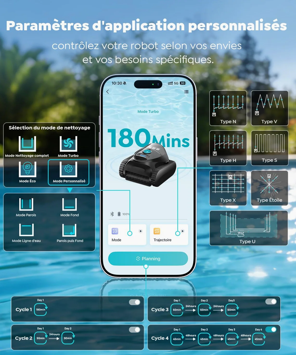 C1 Robot de Piscine Fond et Parois, Double Filtre, Robot Piscine sans Fil, 7 Modes Nettoyage, 170-180 Min d'Autonomie, Puissant Aspirateur pour Piscines jusqu'à 150 m²,Bleu Minuit