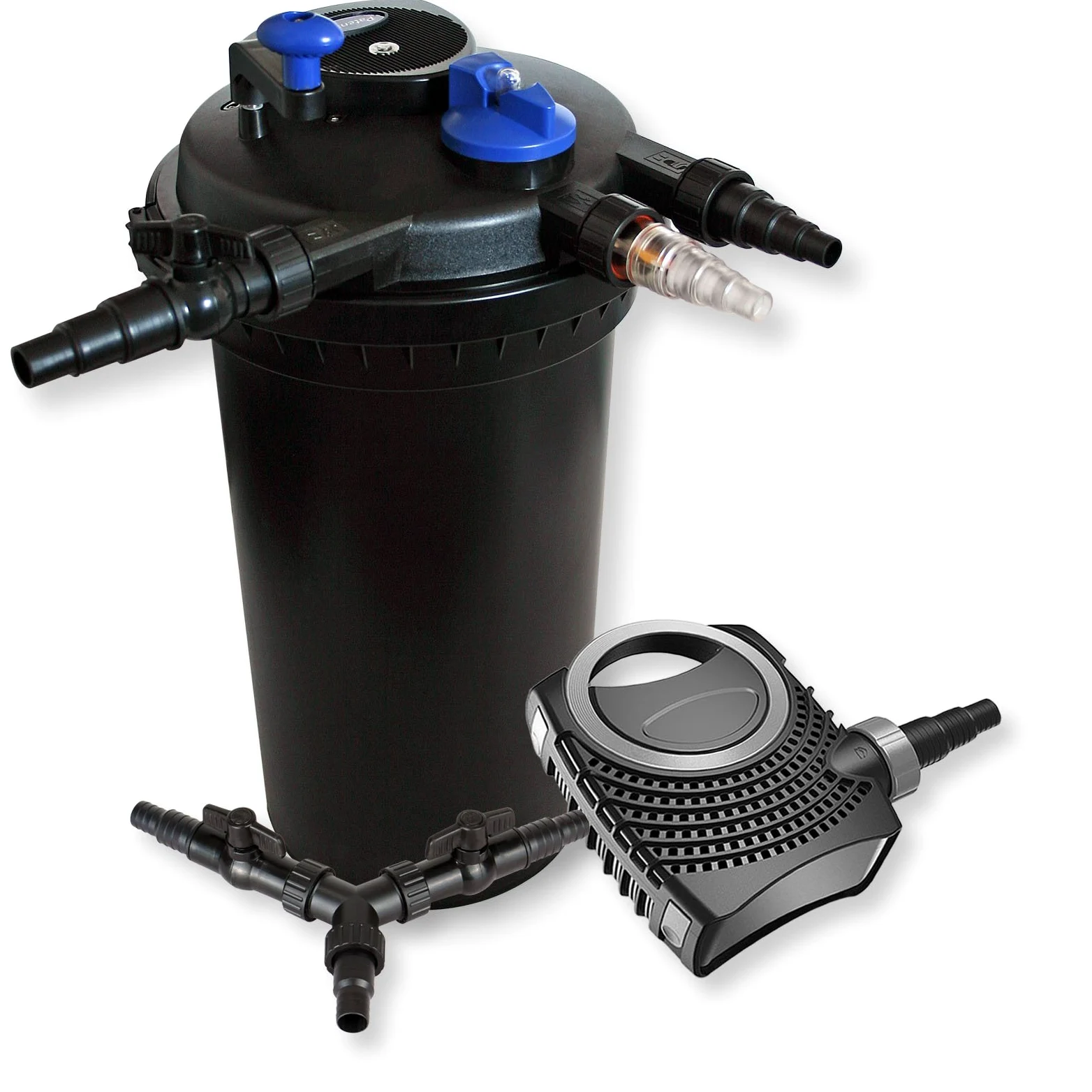 SunSun Kit complet: CPF-15000 Filtre de bassin à pression jusqu’à 30000 L avec 18 Watt UV-C lampe uv, CTF-8000 SuperECO pompe de filtration 8000l/h 70W, Y-distributeur