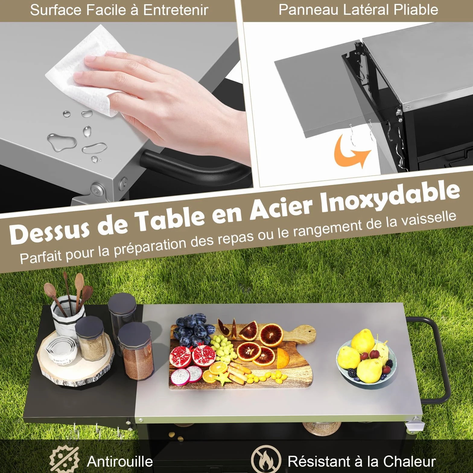 GOPLUS Desserte Jardin 3 Niveaux avec Plan de Travail Pliant, Porte-Serviettes, 6 Crochets, Mobile Préparation Exterieur, Charge 100KG
