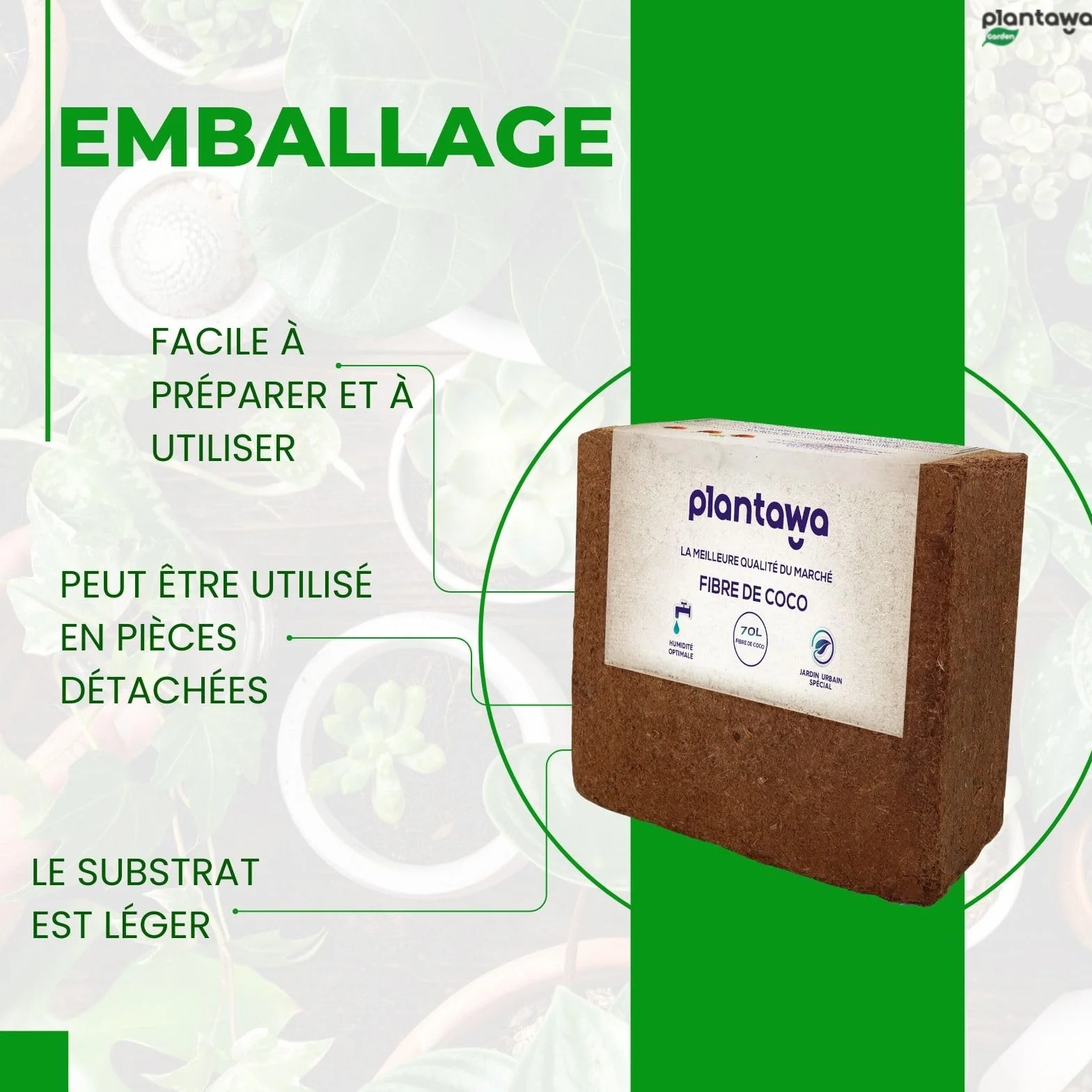 PLANTAWA Fibre de Coco Organique Bloc 5 kg 70 l – Brique compacte – Terre pour Plantes – Utilisation de Potager Urbain terriaire pour Plantes extérieures Turba pour Pots de Fleurs