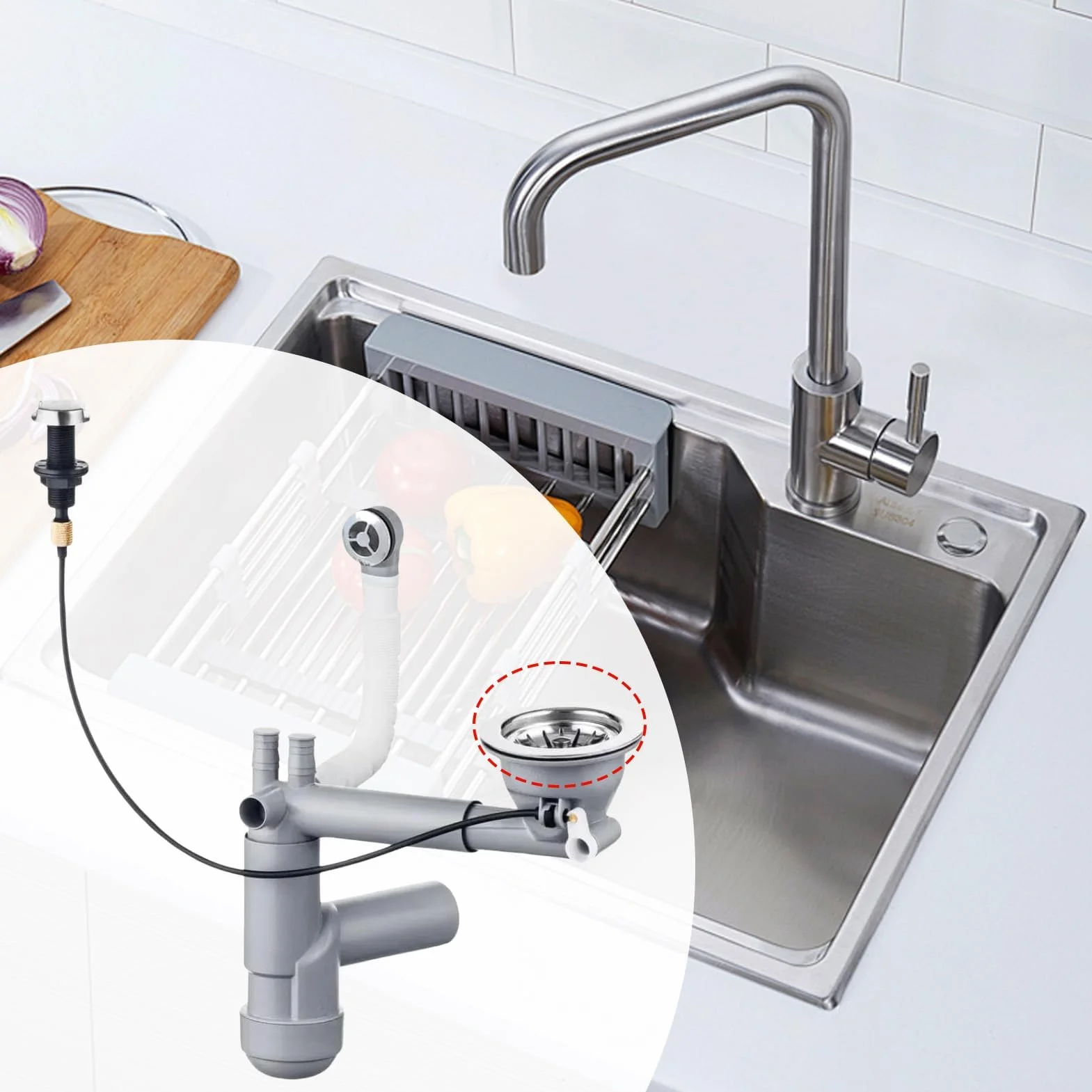Bouchon Evier Cuisine Ø 80 mm Acier Inoxydable avec Goupille Réglable Crépine Anti Colmatage