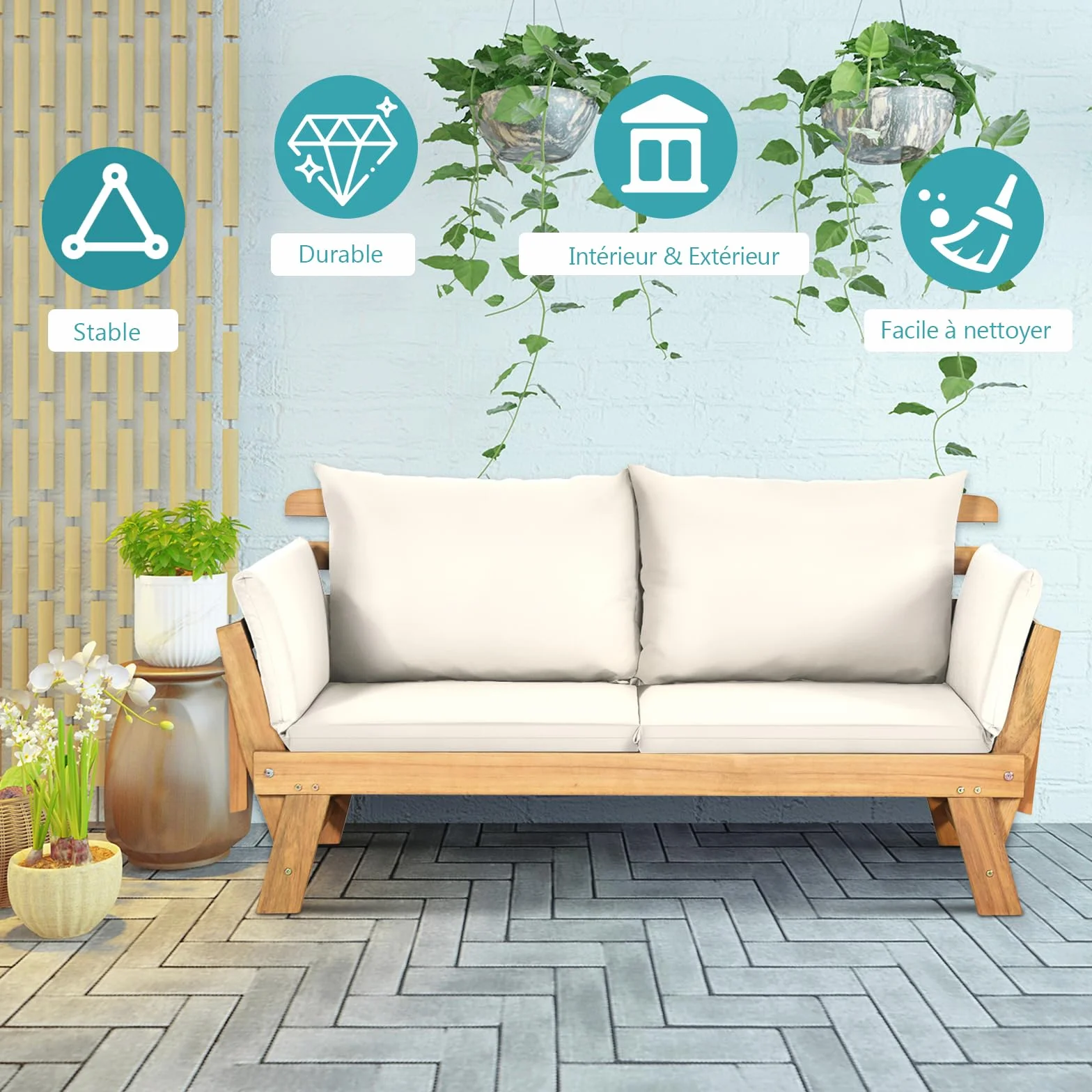 GOPLUS Canapé Lit de Jardin Extensible 2 Places Charge 320 KG, Accoudoirs Réglables, Coussins & Dossier Amovibles, Cadre en Bois d’Acacia Massif, pour Terrasse, Balcon, Parc, Patio (Blanc)