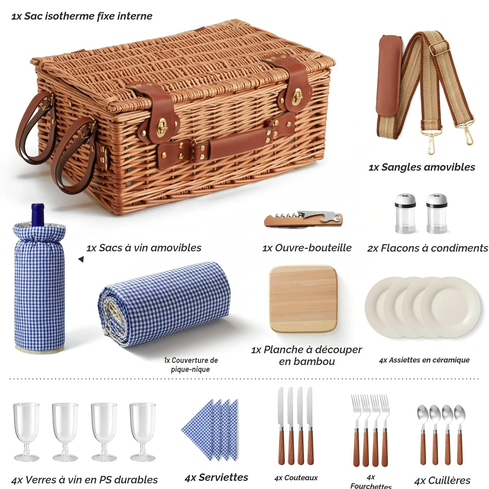Panier de pique-nique en osier pour 4 personnes avec compartiment isotherme et couverture de pique-nique imperméable, sangle amovible, sac à vin, la randonnée, le barbecue et les couples