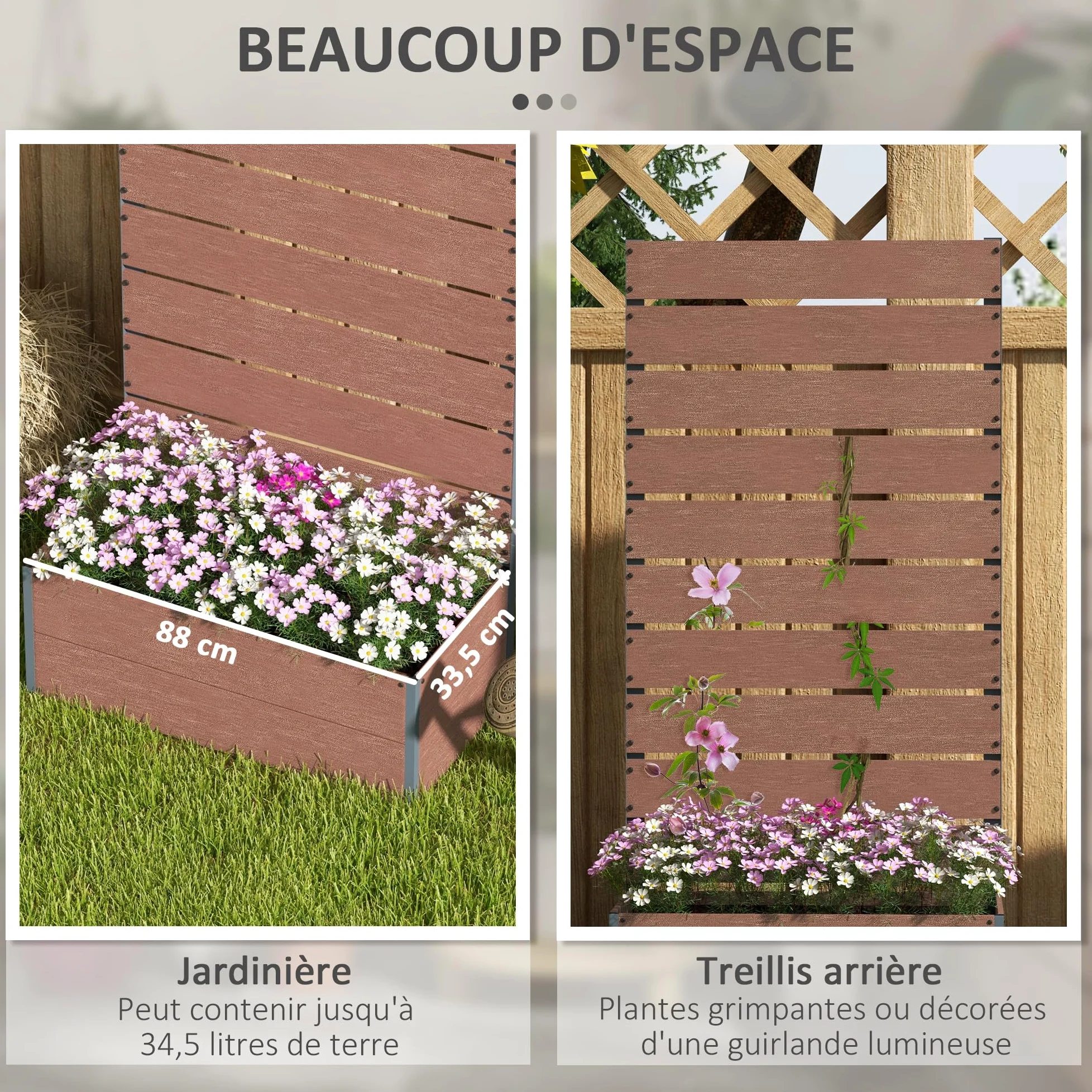 Outsunny Jardinière avec Treillis, lit surélevé de Jardin, jardinière extérieure pour Plantes grimpantes, bac à Fleurs rectangulaire Pot de Plantes pour Balcon terrasse, 72x38x150 cm, Marron Clair
