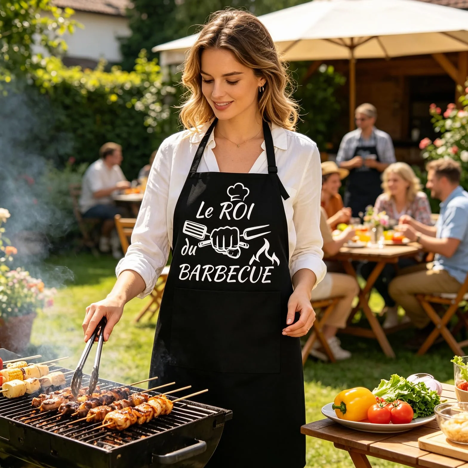 Tablier Cuisine Homme Femme - Tablier Barbecue Humour Réglable Noir Étanche avec Poche, Cadeau Anniversaire Homme Femme, Cadeau Rigolo pour Cuisson en Plein Air, Idéal pour Papa, Maman, Frère et Sœur