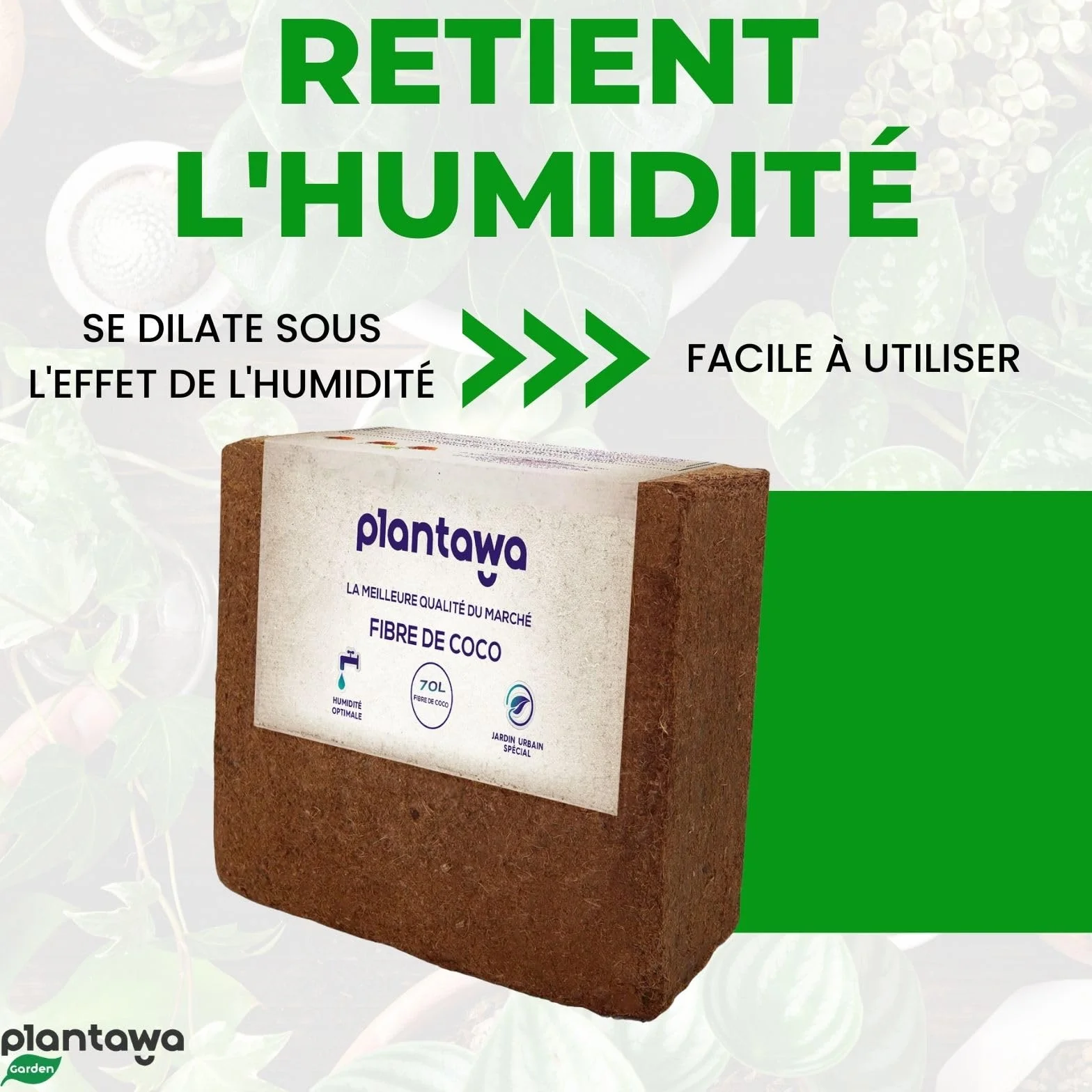 PLANTAWA Fibre de Coco Organique Bloc 5 kg 70 l – Brique compacte – Terre pour Plantes – Utilisation de Potager Urbain terriaire pour Plantes extérieures Turba pour Pots de Fleurs