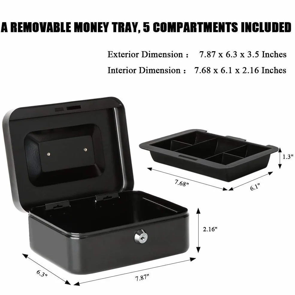 Caisse avec Serrure à clé Tirelire portative en métal Double Couche 2 clés sécurité 20*16*9cm Noir