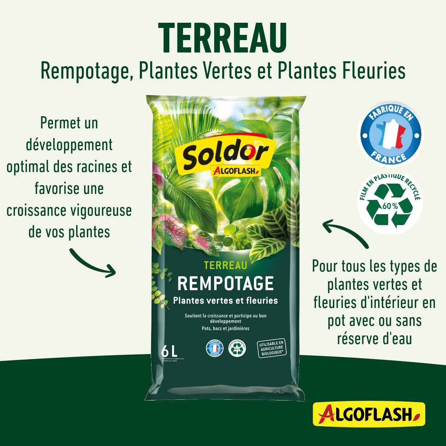 ALGOFLASH Terreau Rempotage Plantes Vertes et Plantes Fleuries, UAB, Prêt à l'Emploi, Fabriqué en France, 6 L,TREMP6
