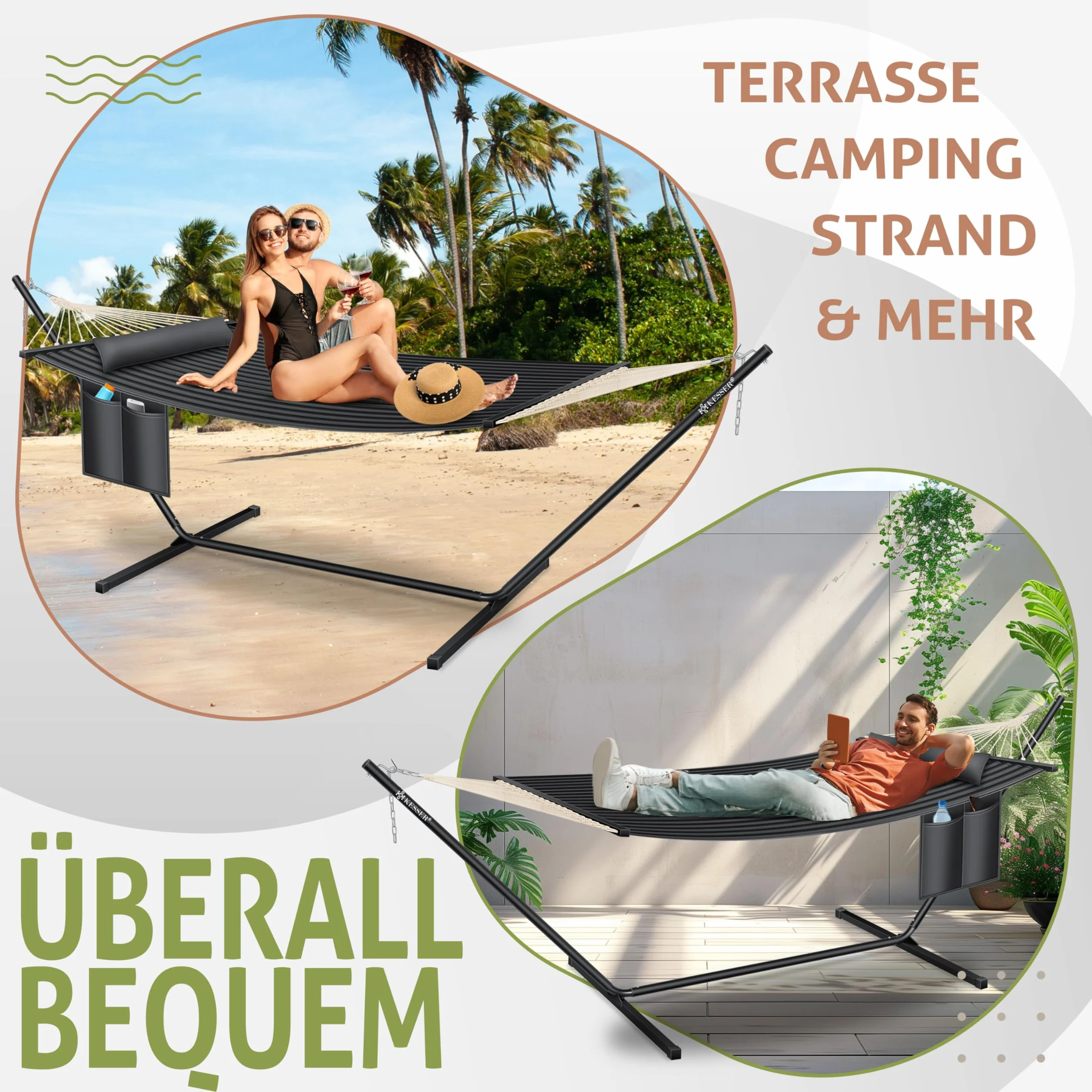KESSER Hamac Double avec Support Coussin 200 kg Capacité Charge Intérieur Extérieur XXL Fauteuil Suspendu