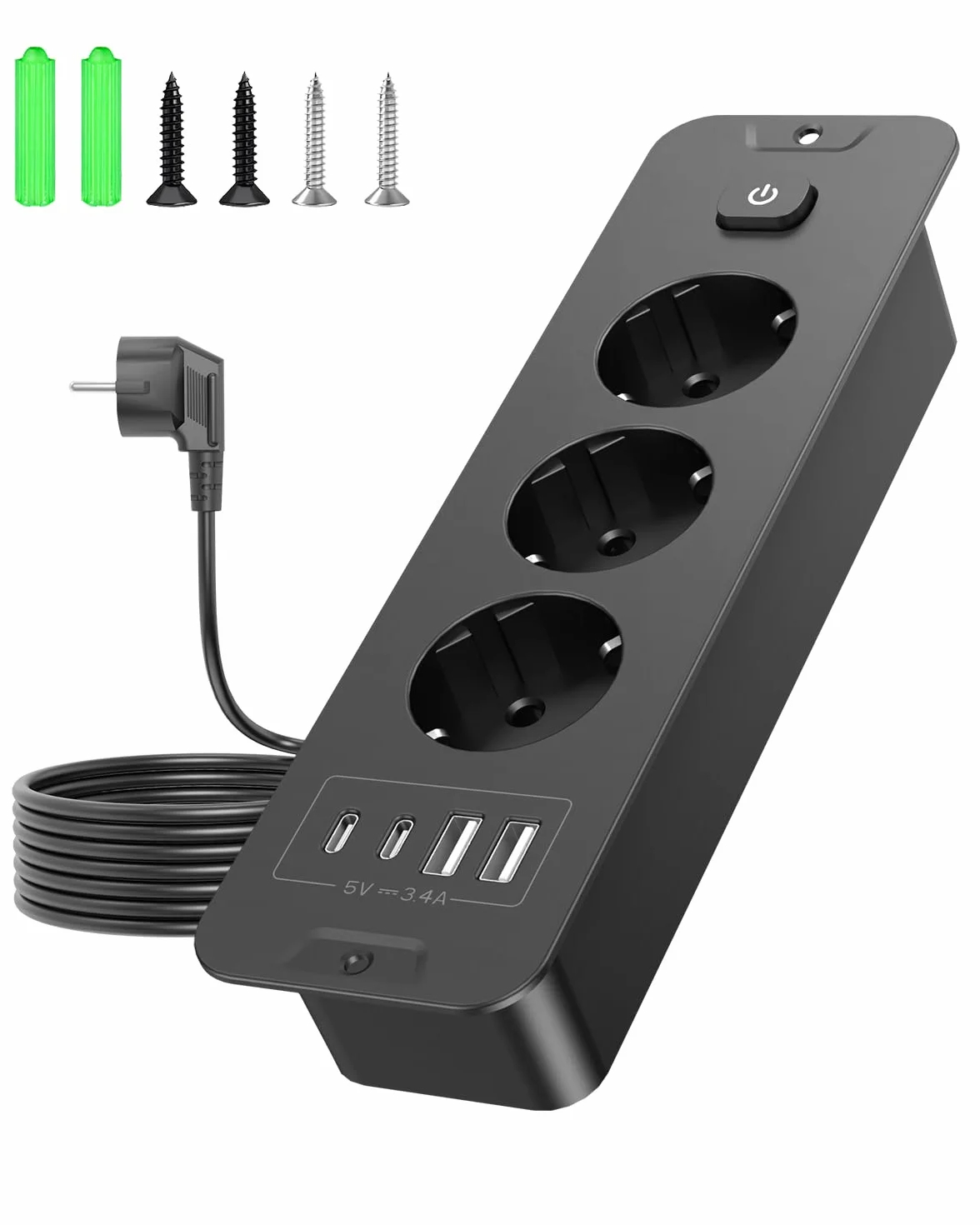 Prise encastrée USB 4 ports USB C PD 20W escamotable pour bureau armoire noir