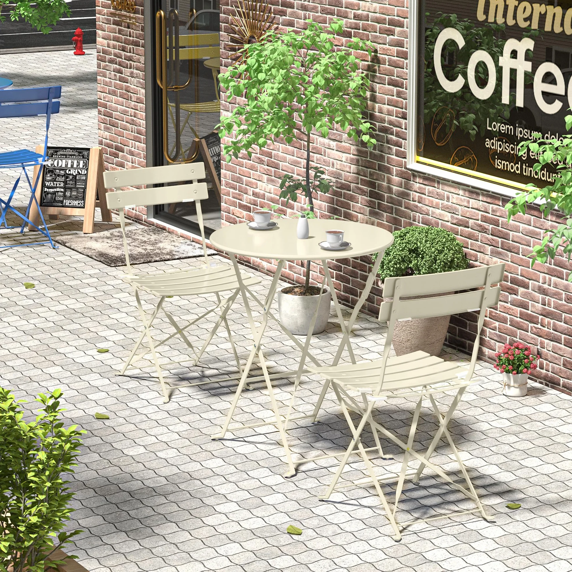 Lot de 3 Meubles de Jardin Pliables, Table de Bistrot avec 2 Chaises, Résistants aux Intempéries, Abricot