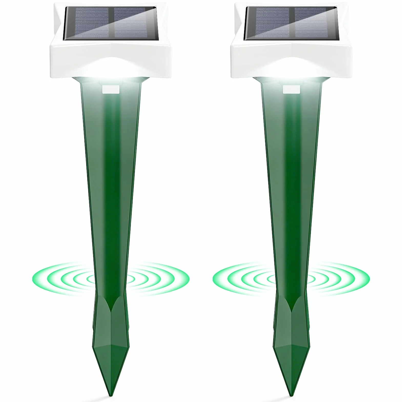 Anti Taupe Solaire avec LED et 3 Modes, 2/4 pièce Piege A Taupe pour Jardin, Large portée et Protection Contre l'eau Repulsifs Ultrasons pour Taupes, Rats, Serpents (2, Vert)
