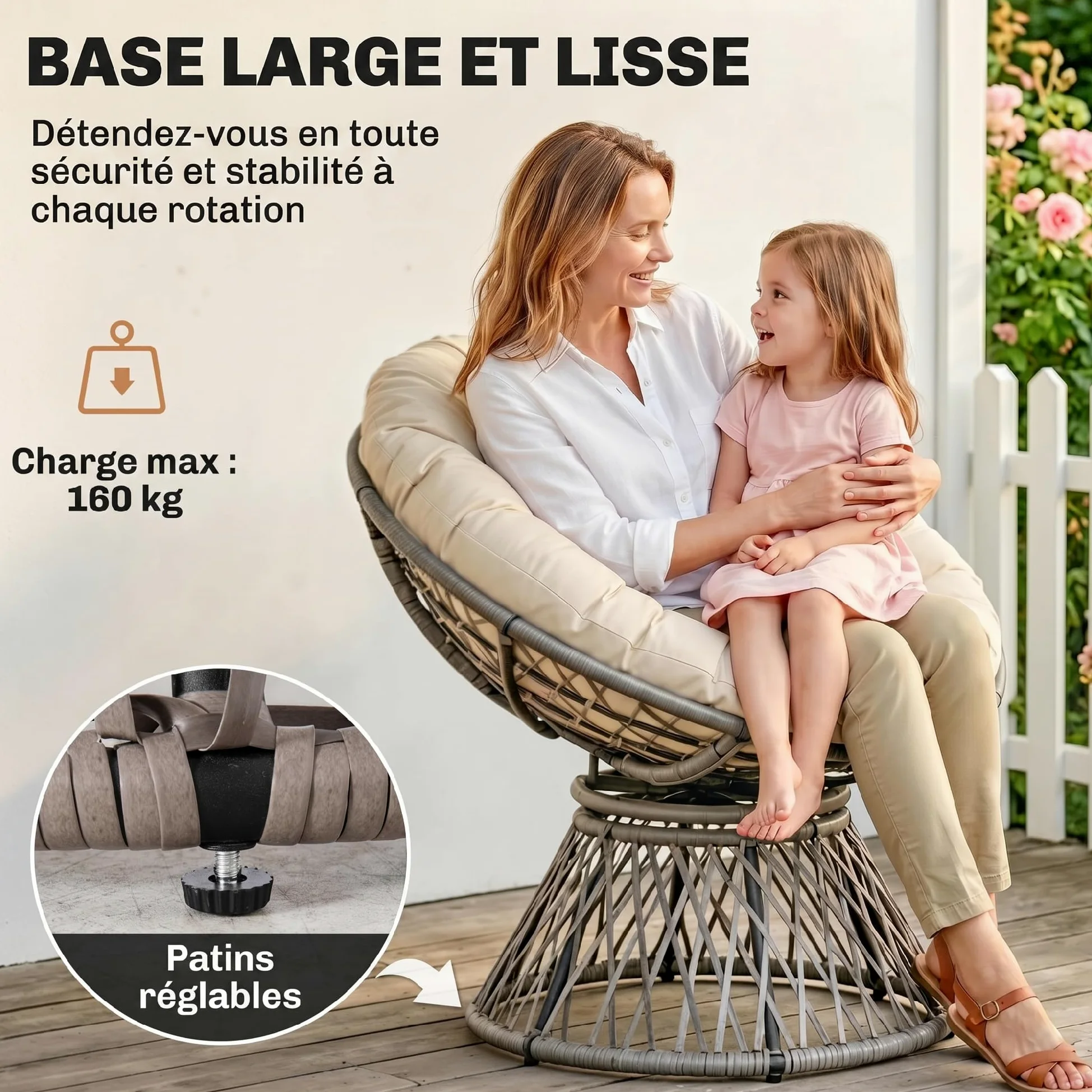 Outsunny Fauteuil Rond de Jardin Fauteuil papasan pivotant Grand Confort Ø 97 x 90H cm Grand Coussin fourni Polyester résine tressée crème