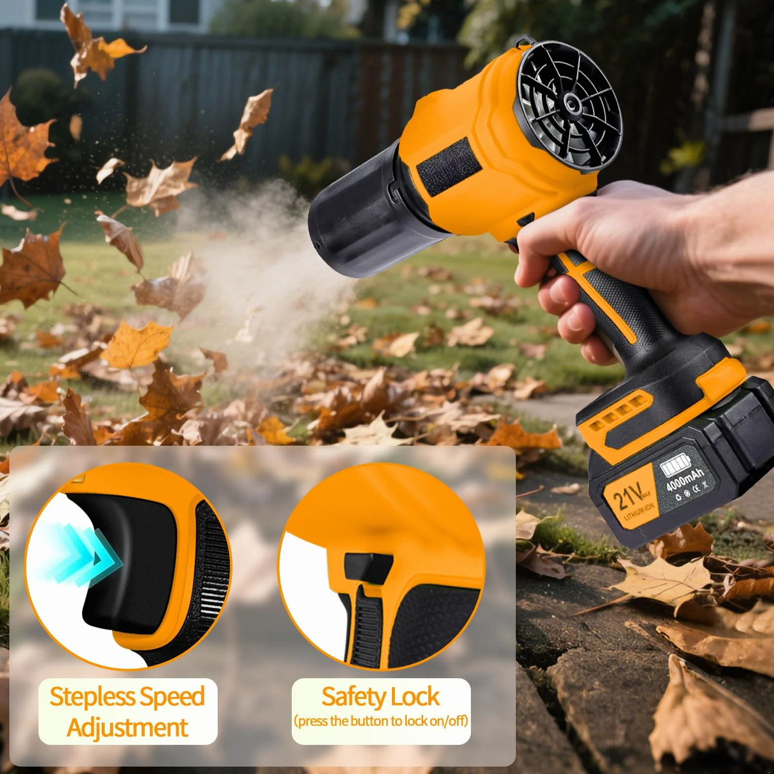 Souffleur sans Fil 2× Batteries 4000 mAh 800000 TR/Min Vitesse d'air 65 m/s avec Boîte à Outils Jaune