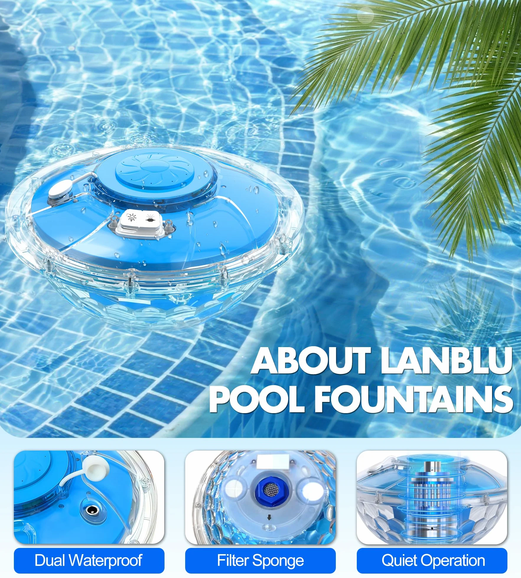 Fontaine Flottante Piscine avec Spectacle Lumineux 8000mAh 2 Modes Pulvérisation Jet Eau 130cm