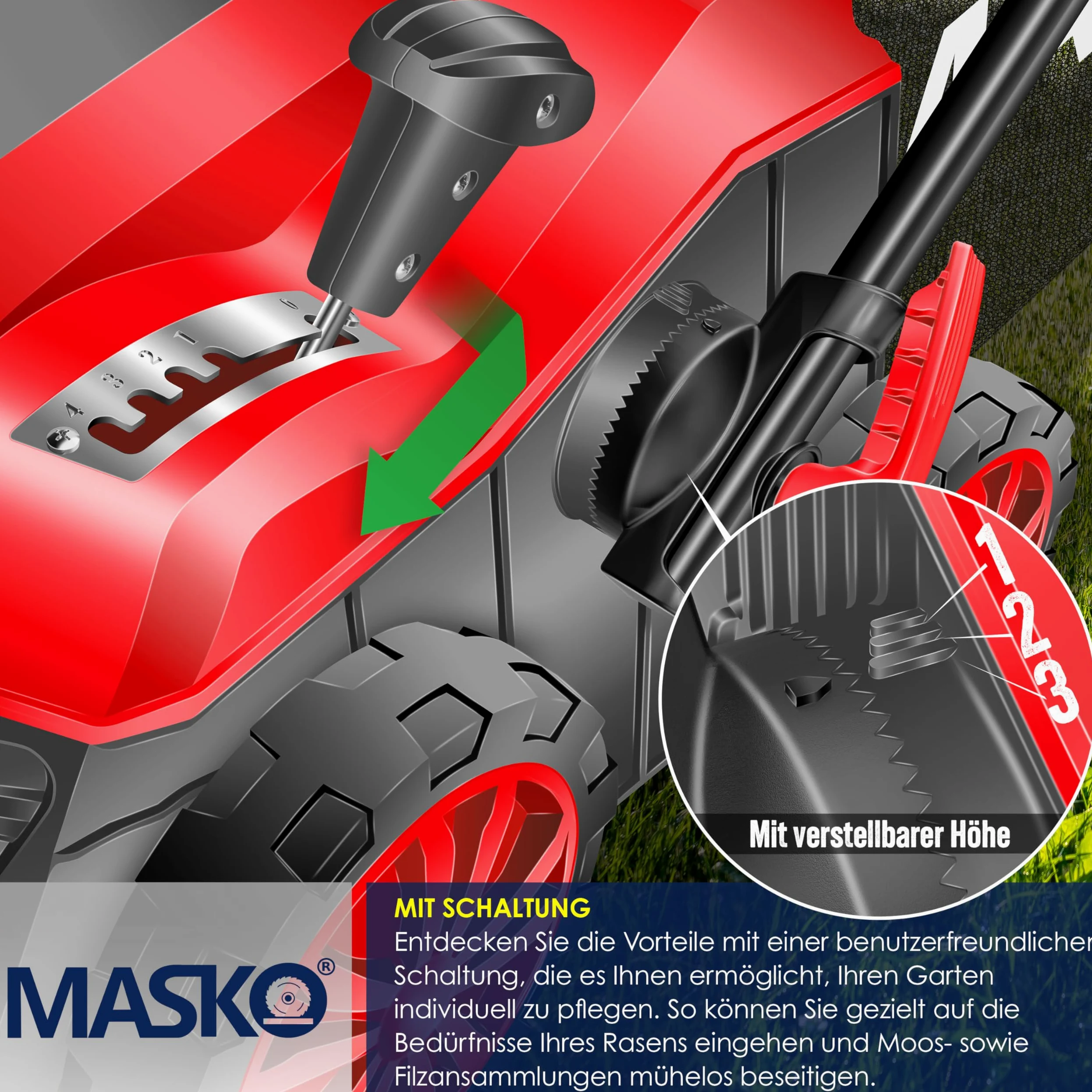 MASKO® Scarificateur électrique 2 en 1 Aérateur de gazon 1 800 watts largeur de travail 40 cm bac de ramassage 55 L incluant rouleau de ventilation aérateur démousseur, profondeur de travail, rouge