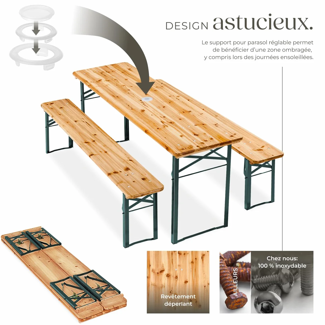 Tectake Table et Banc en Bois de Brasserie 3 pièces Pliable avec Support Parasol