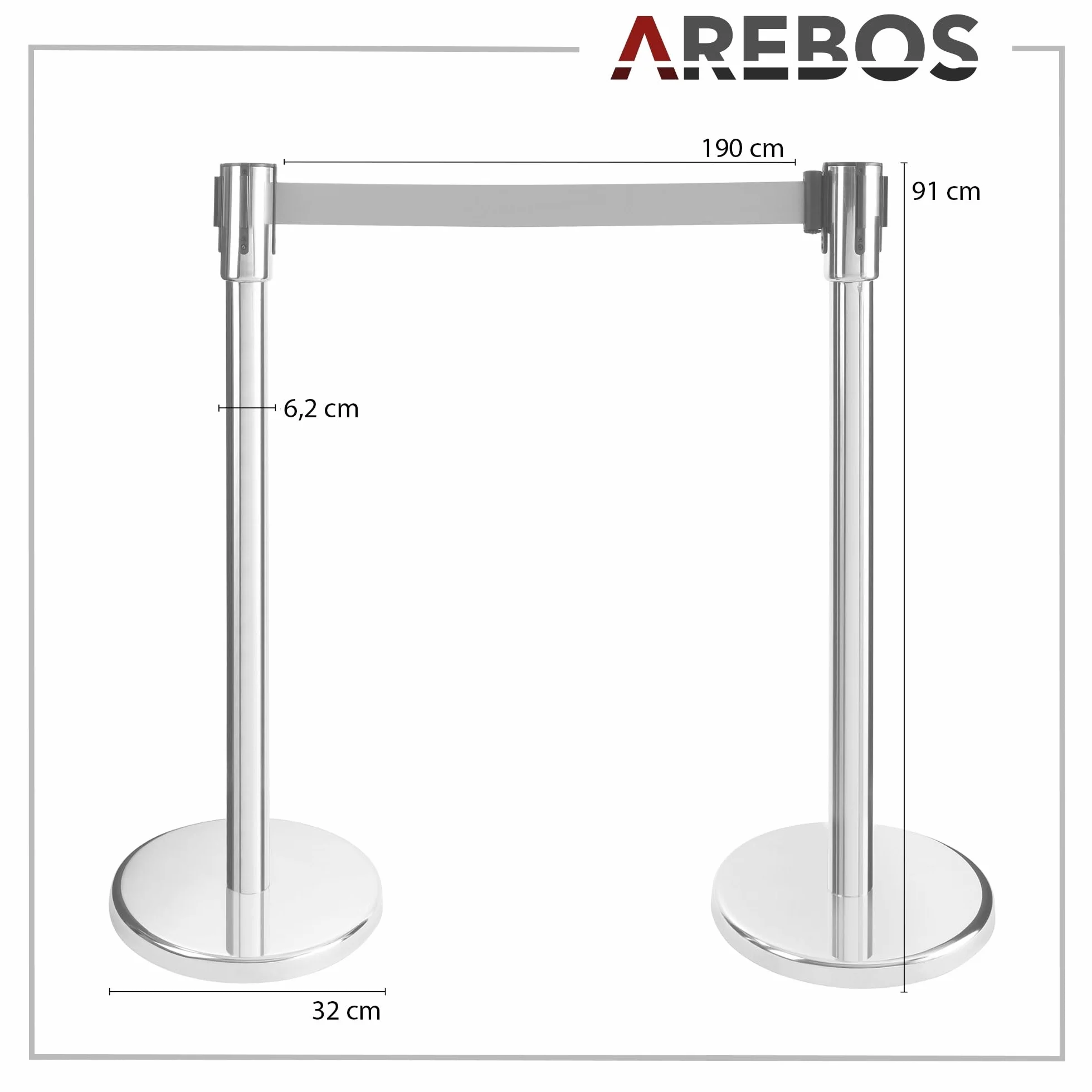 Arebos Barrières de sécurité Rétractable Poteaux de Guidage avec Cordes Rouge Argenté Système de Balisage
