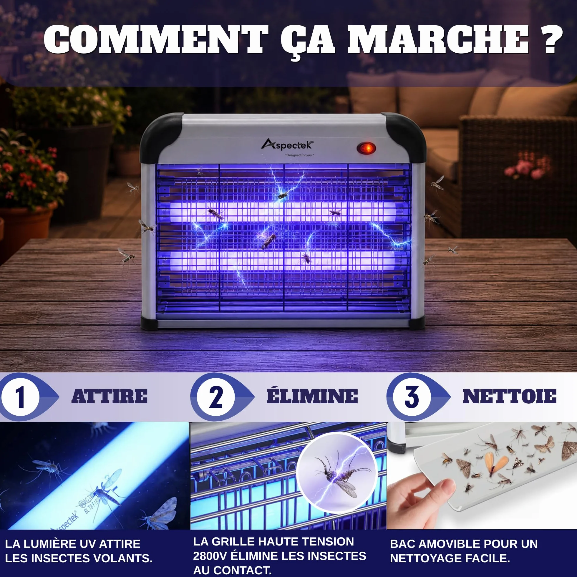 ASPECTEK Piège à Insectes Électrique 20W UV 2800V Tue-Moustiques Mouches Moucherons