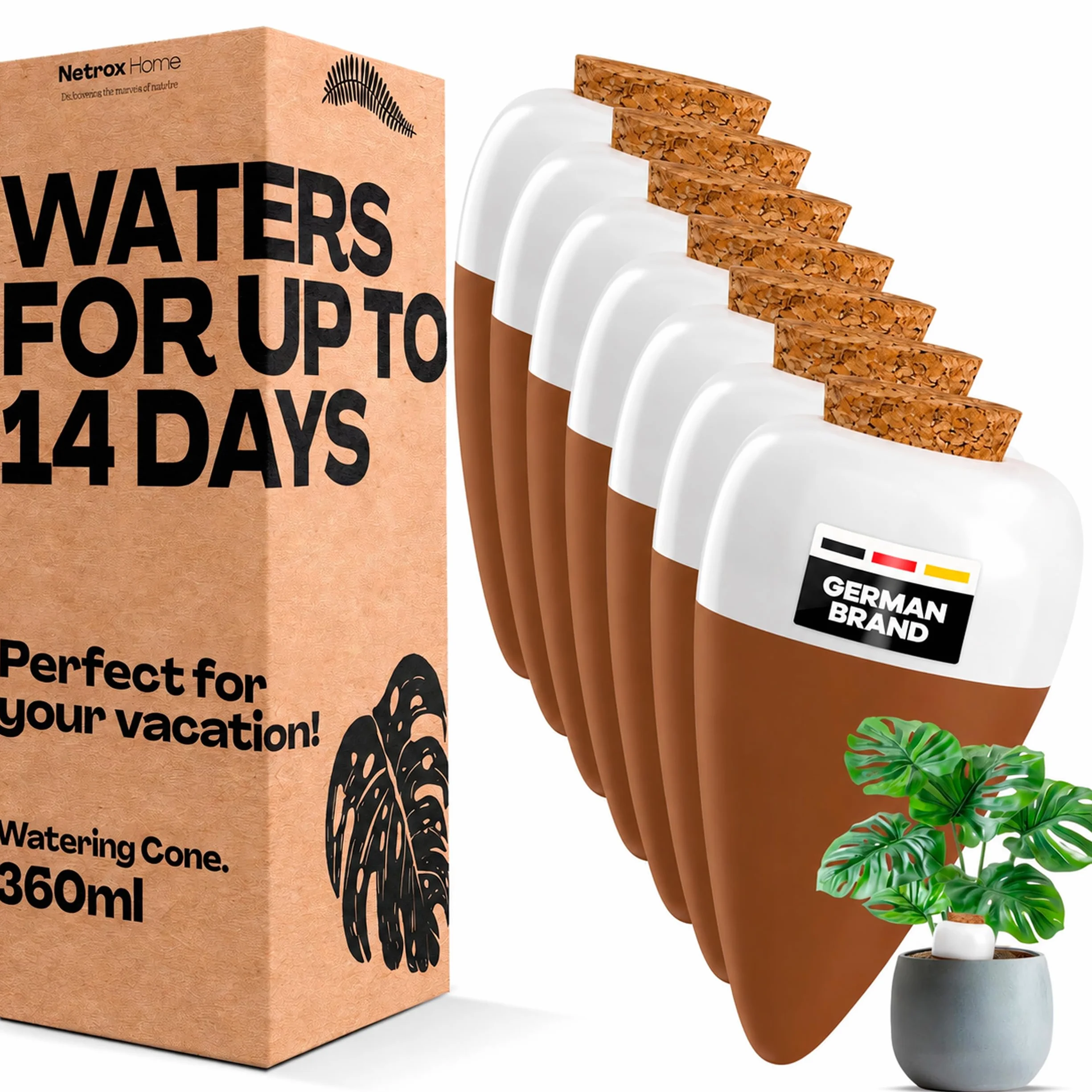 Netrox Cône d'irrigation en argile – 8x 360ml – idéal en vacances, jusqu'à 14 jours – arrosage automatique pour plantes d'intérieur, jardin et balcon – Irrigation, système d'irrigation, distributeur