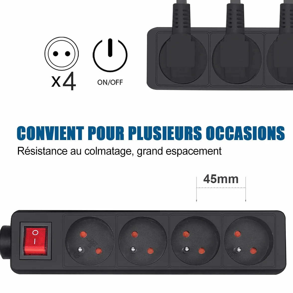 Extrastar Multiprise 4 Prises 16A 2P+T Interrupteur Rallonge 3M 230V Noir Sécurité Enfant