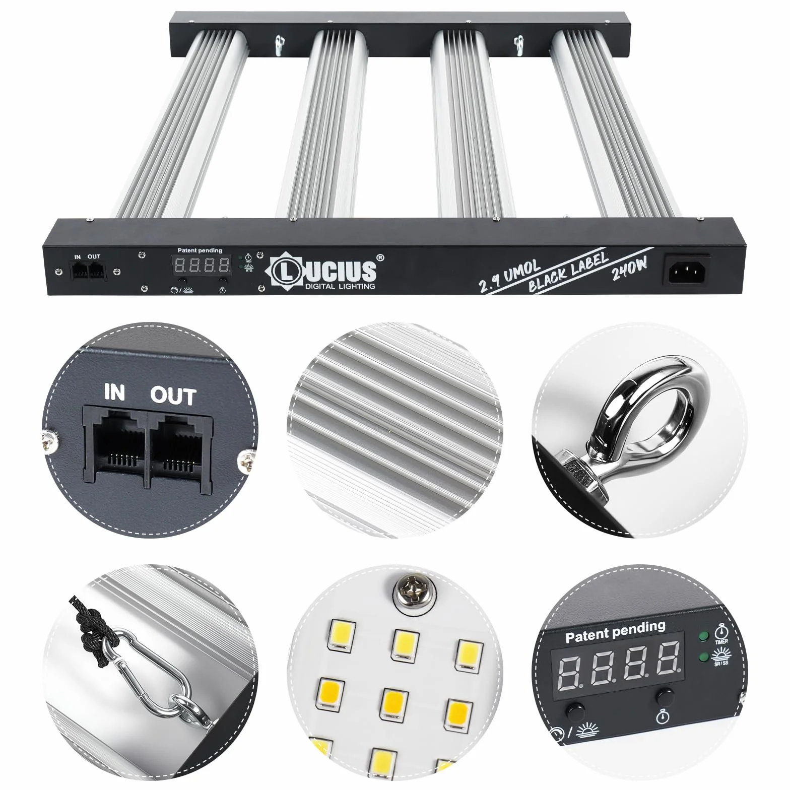 Lucius Lampe de Croissance LED 240W avec Contrôle Principal Minuterie Lever/Coucher Soleil 2,9 μmol/J Plantes Intérieur