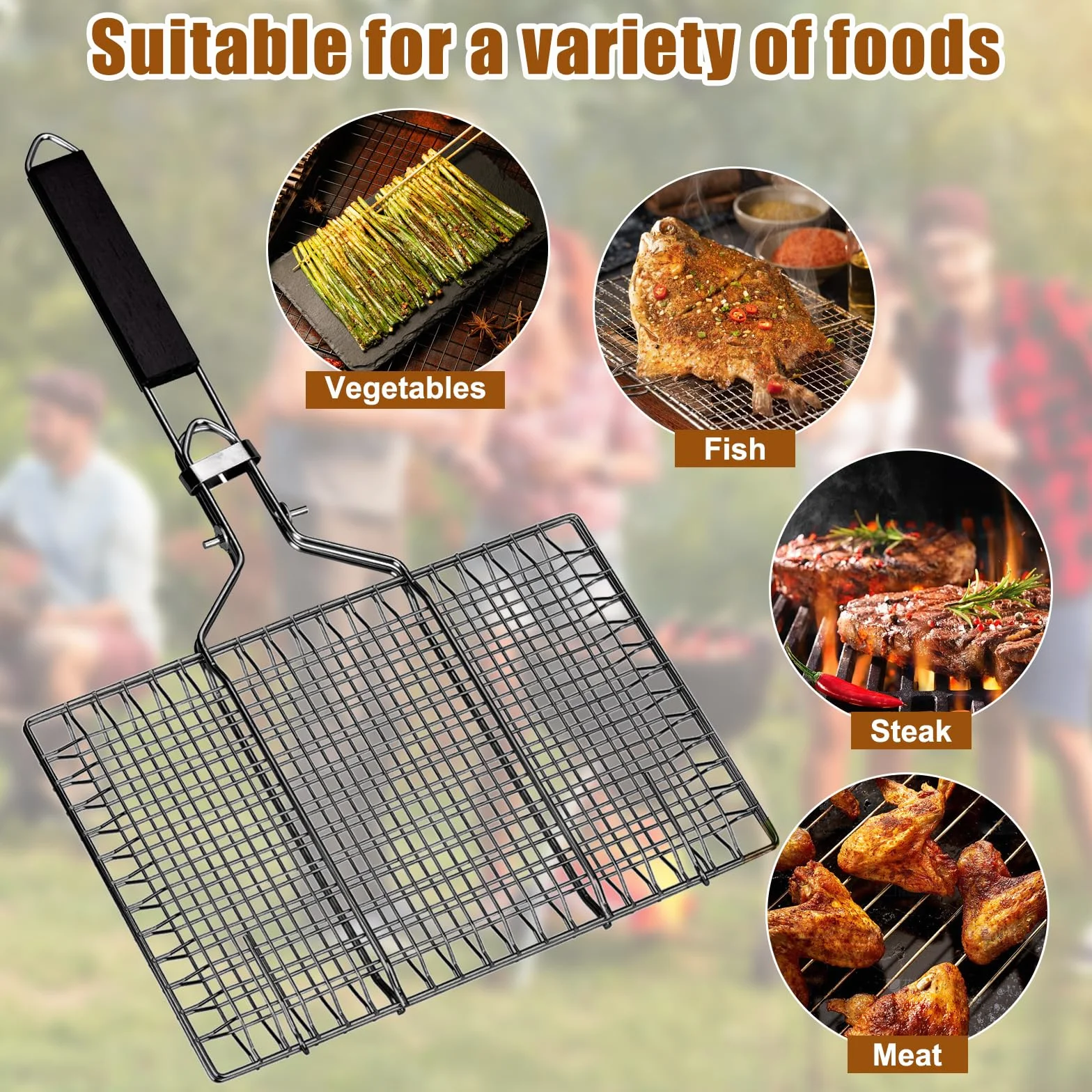 Panier de Barbecue Pliable 32 x 22 cm Acier Inoxydable avec 2 Brosses Silicone pour Poisson Crevettes Légumes Steak