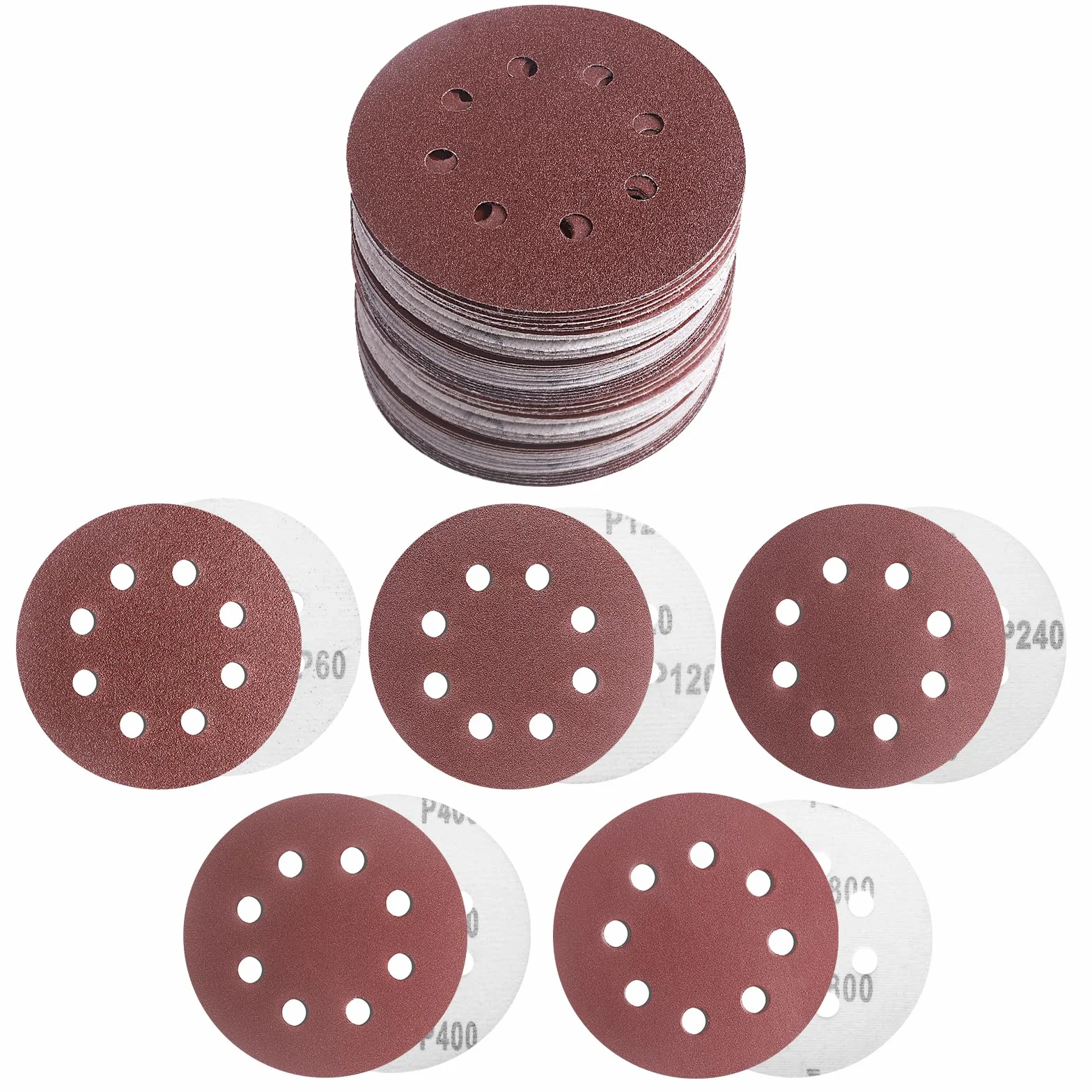 Disques Abrasifs 125mm 8 Trous, Lot de 50 Pièces Grain 60/120/240/400/800 pour Ponceuse Excentrique