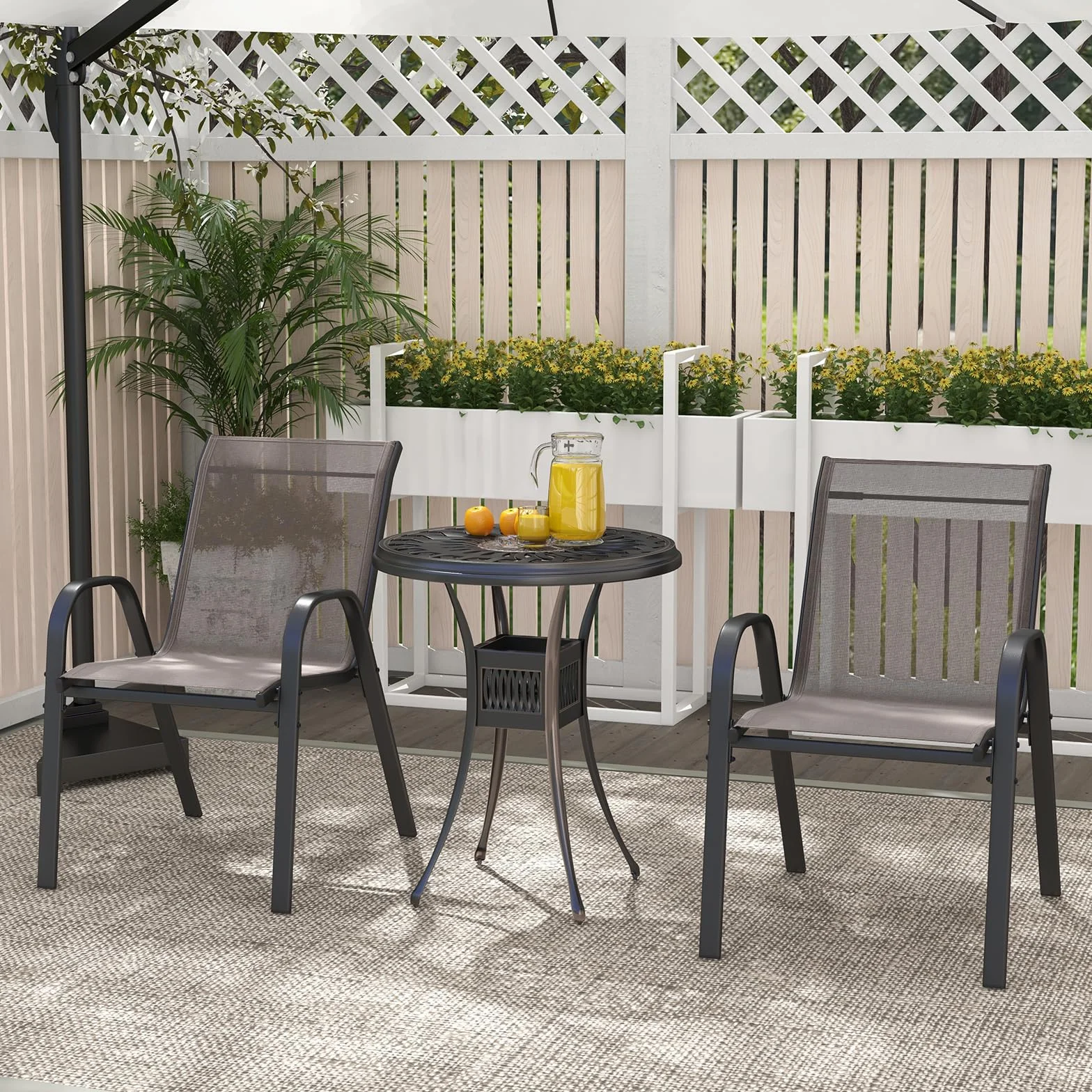 COSTWAY Lot de 2/4 Chaises de Jardin Exterieures avec Cadre en Métal, Chaise de Salle à Manger Empilable en Tissu Respirant, Fauteuil d'Extérieur pour Cour, Balcon, Piscine, Charge 150 KG (Gris,4)
