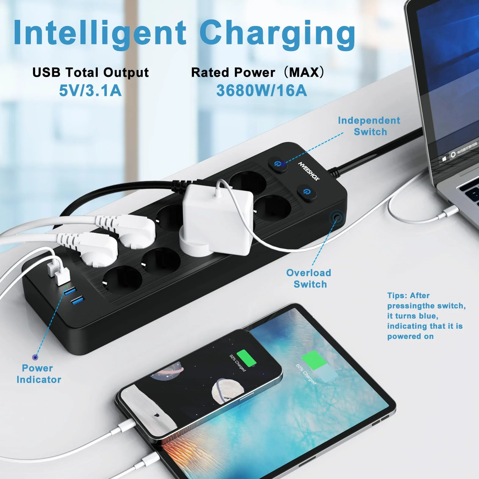 Multiprise Electrique 10 Prises 4 Ports USB Parafoudre 16A/3680W Câble 2M Noir
