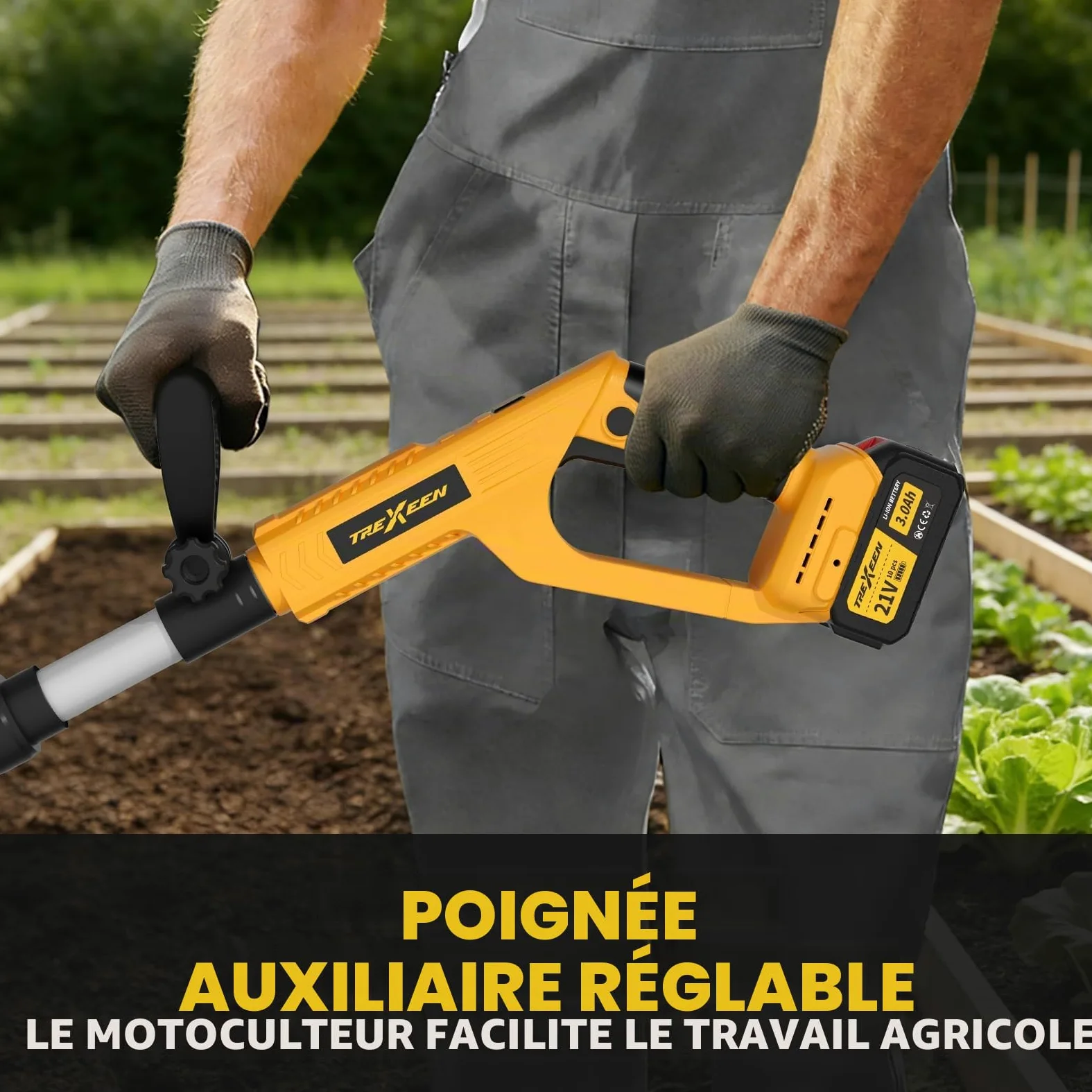 Motobineuse Électrique sans Fil, TREXEEN Bineuse Électrique sans Fil Puissant avec 2 x 3,0 Ah Batteries, 360 TR/Min, Largeur de Travail 20 cm, Profondeur 16 cm, pour Pelouse Jardin Travaux du Sol