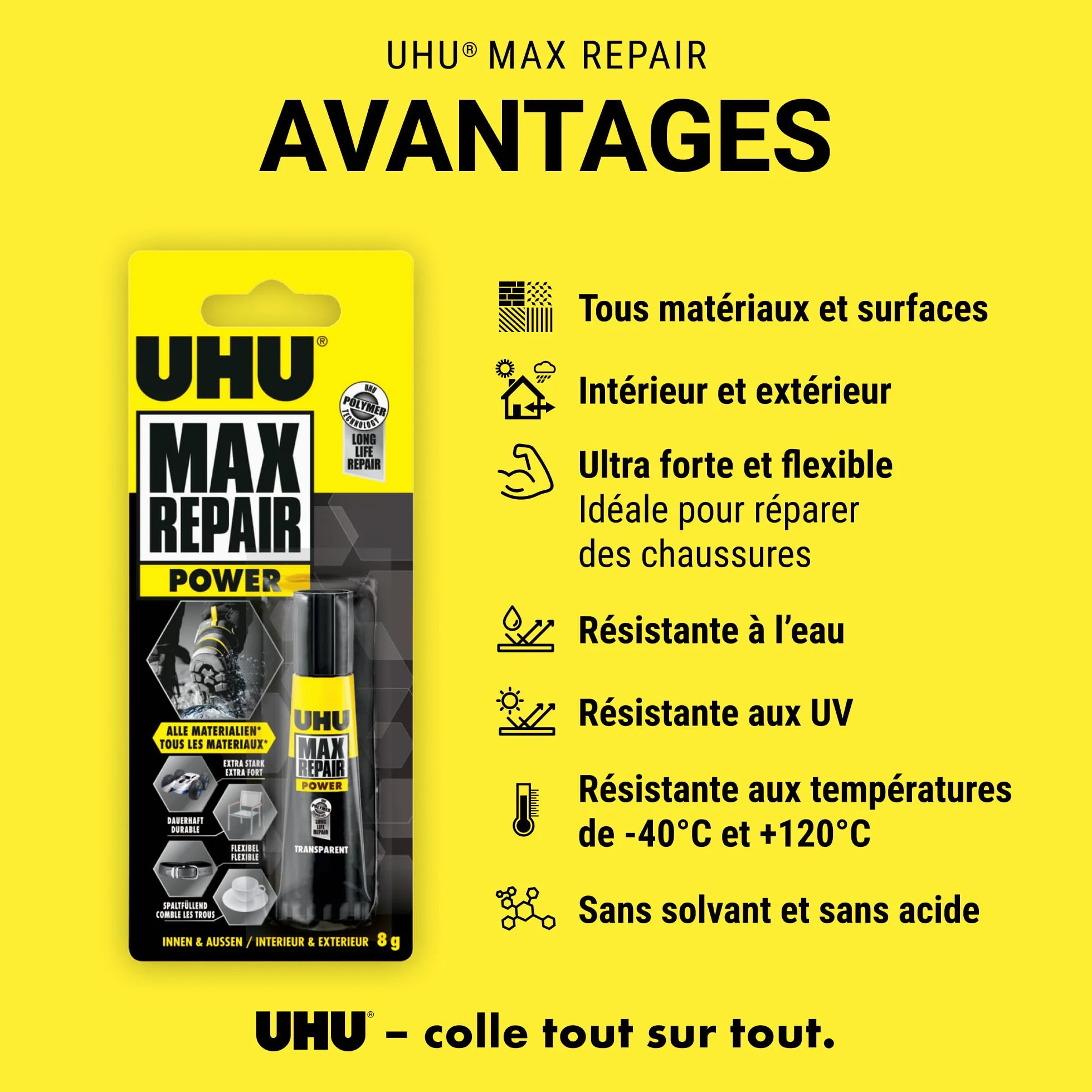 UHU Max repair power Colle Extra-Forte et Flexible Universelle Tous Supports Tube 8 g
